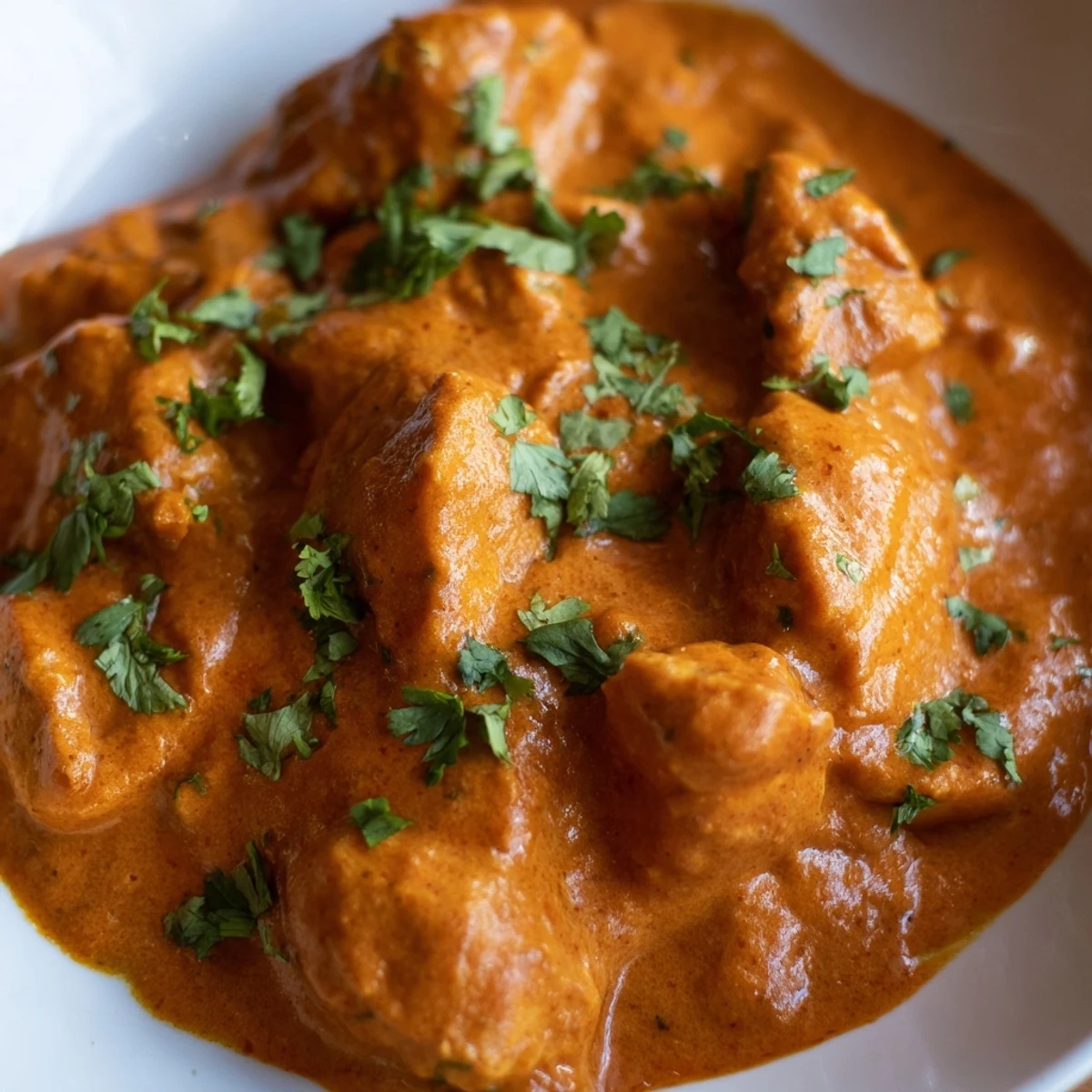 Freshly made chicken tikka masala, garnished with cilantro, alongside steaming basmati rice and soft, folded naan bread.