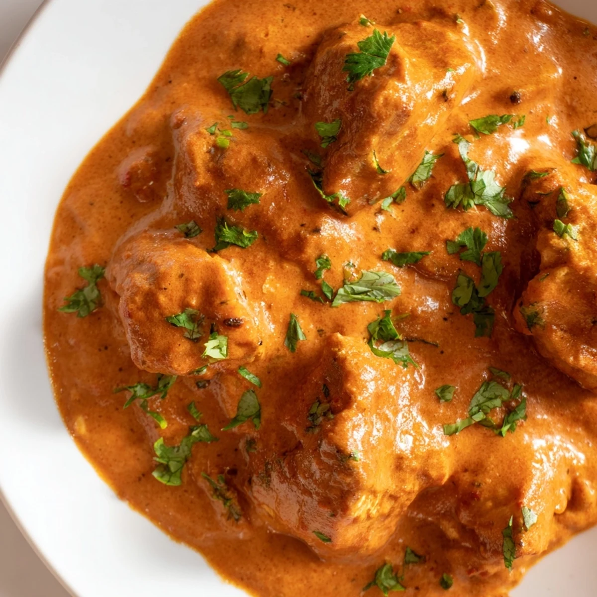 Close-up of creamy chicken tikka masala with basmati rice and naan, perfect for a delicious weeknight dinner.