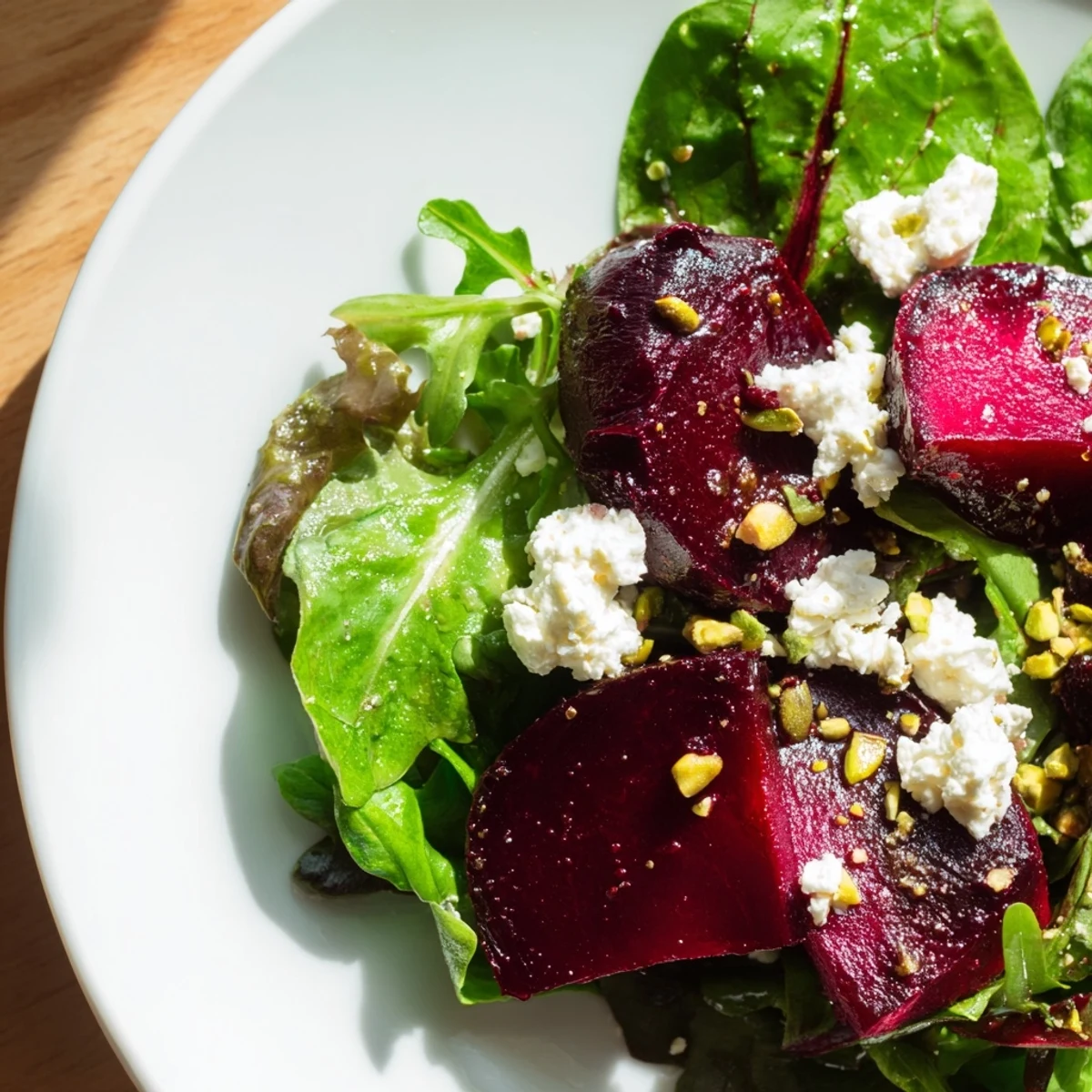 Freshly tossed roasted beet salad with goat cheese and pistachios on mixed greens, drizzled with balsamic dressing and thinly sliced red onion. 