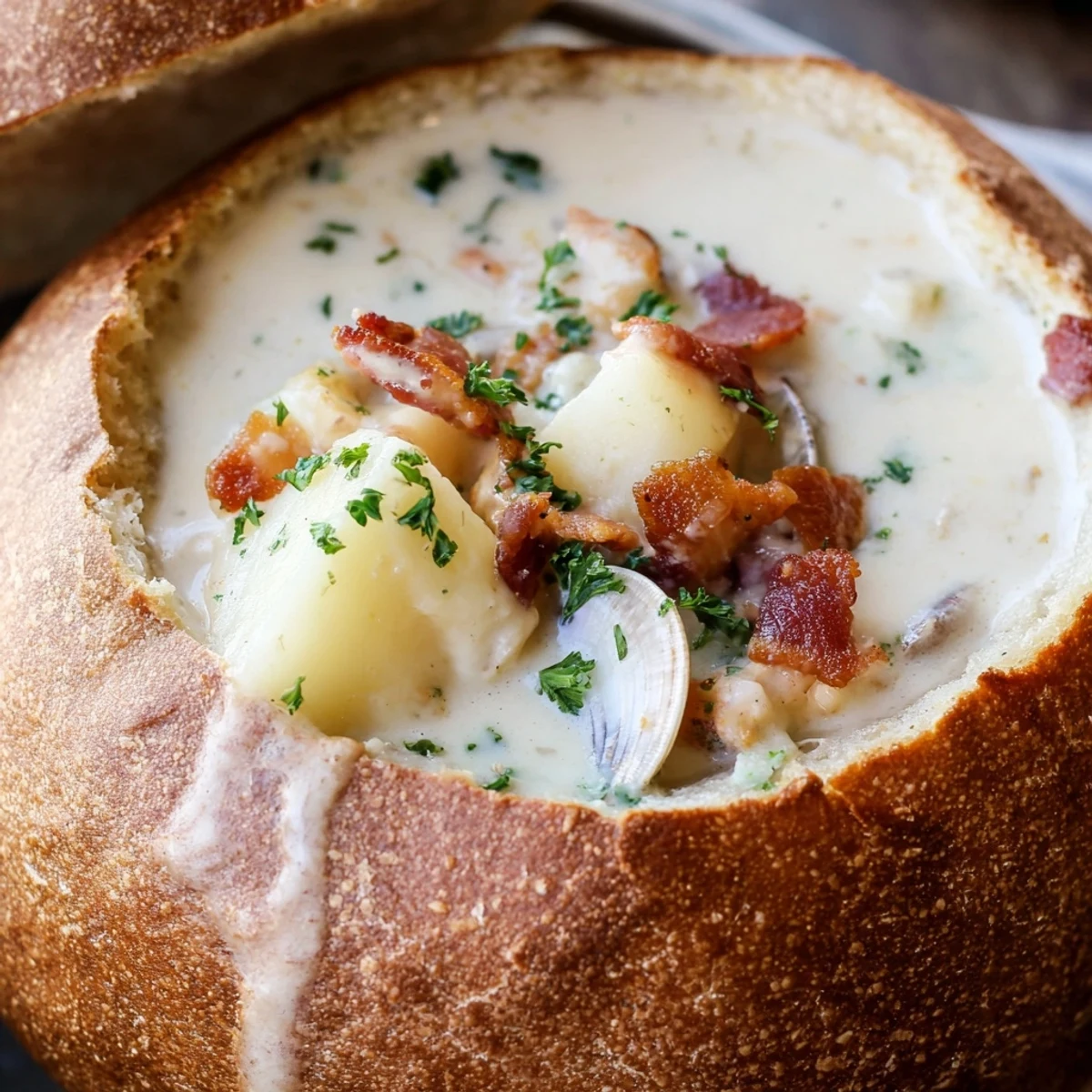 Warm crusty sourdough bread bowl filled with Creamy Clam Chowder, garnished with fresh parsley and a side of extra broth.