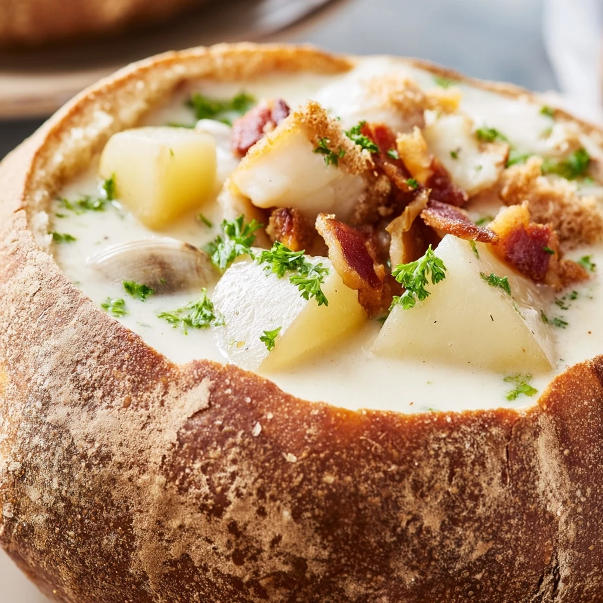 Hearty Creamy Clam Chowder in Sourdough Bread Bowl, perfect for cozy New England-inspired dinners or rainy day comfort food cravings.