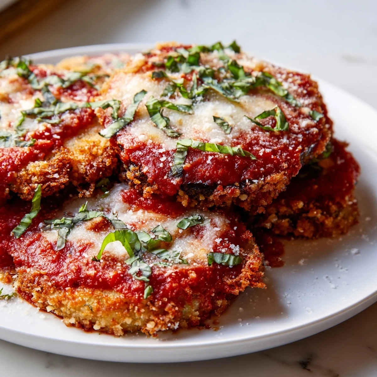 Golden-brown slices of Baked Eggplant Parmesan with Marinara and Mozzarella, layered in a baking dish with bubbling cheese and fresh basil garnish.