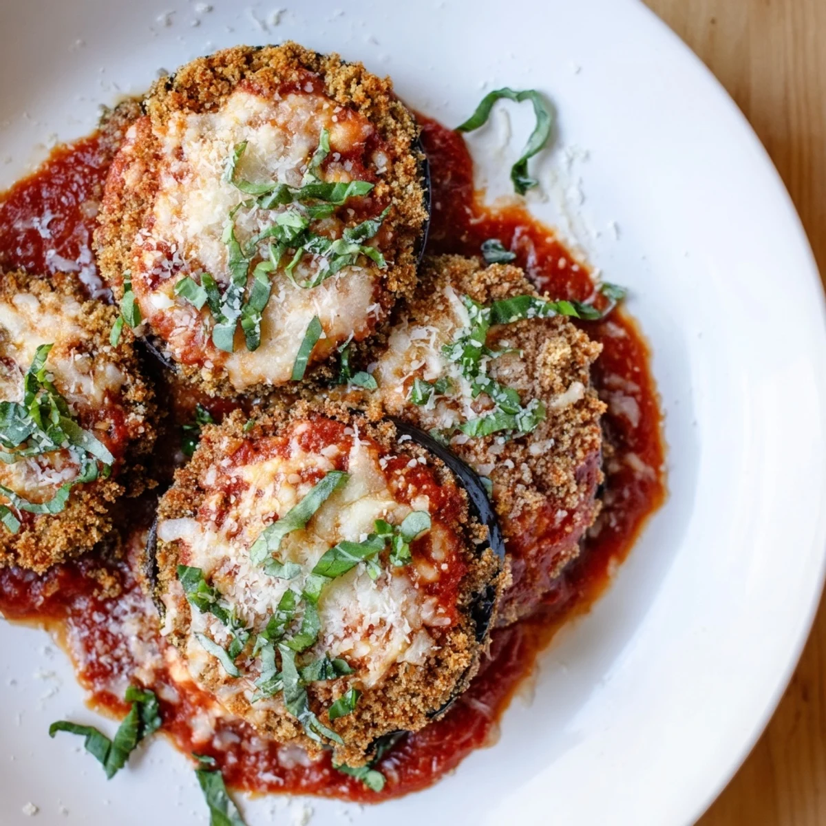 A close-up view of Baked Eggplant Parmesan with Marinara and Mozzarella, showcasing crispy breaded edges and rich red sauce between tender eggplant layers.