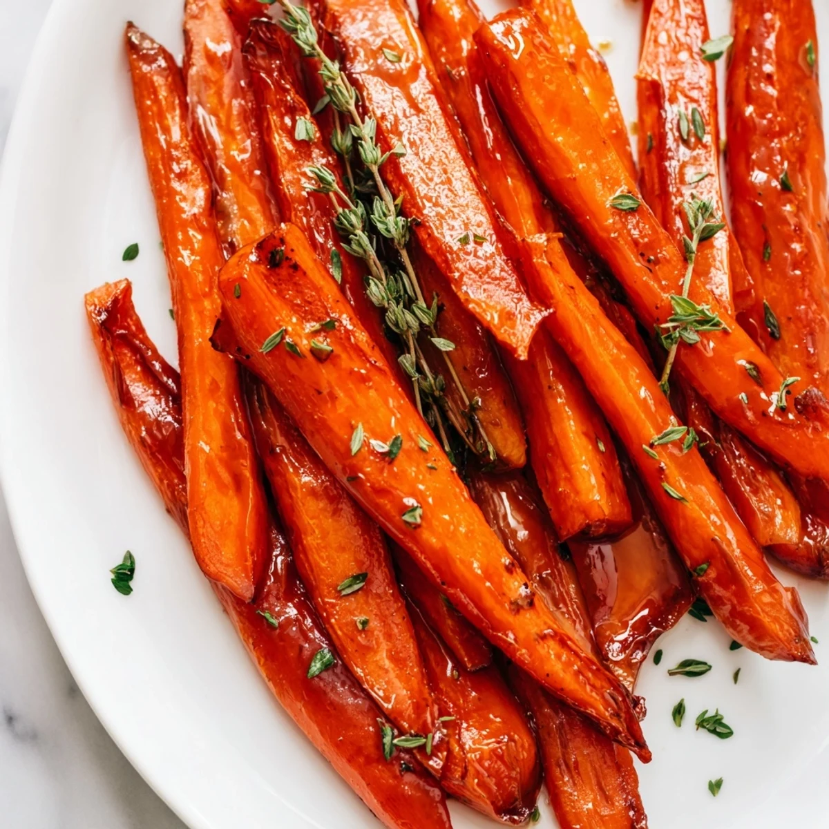Fresh thyme garnish and glistening maple glaze highlight these Roasted Carrots with Maple Syrup Glaze served warm.
