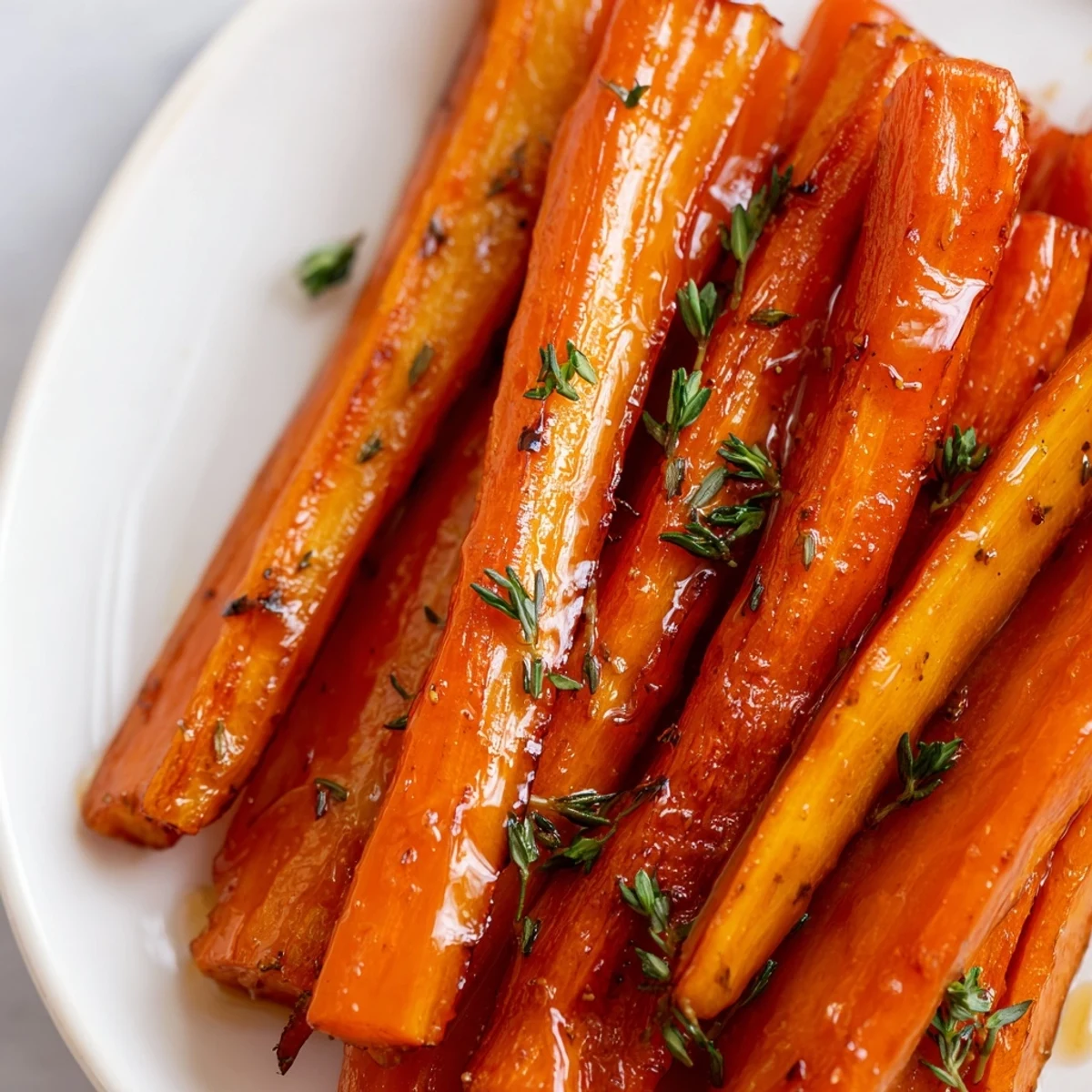 Golden Roasted Carrots with Maple Syrup Glaze fresh from the oven, glistening and caramelized on a rustic serving platter.