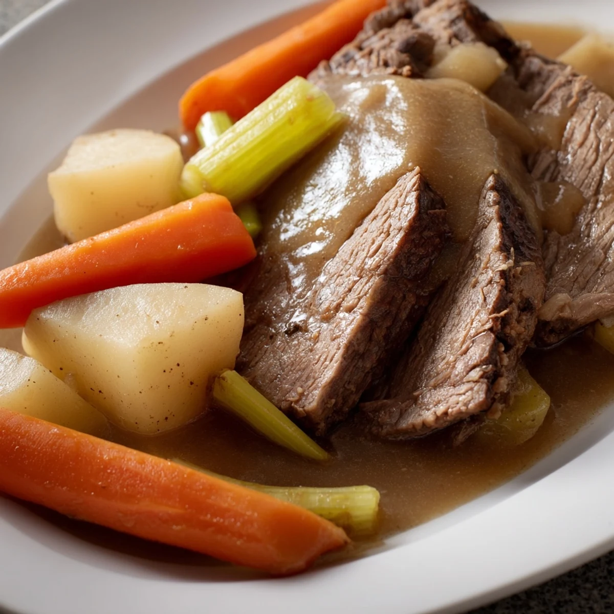 Slow Cooker Pot Roast with Savory Gravy served family-style with vegetables, ready for a cozy dinner.