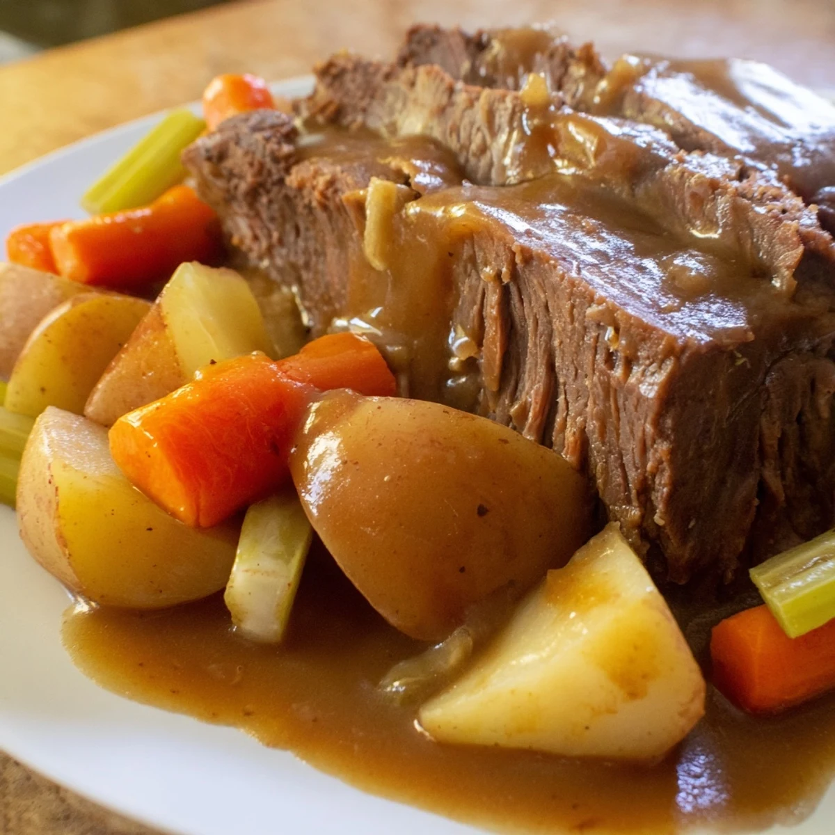 Slow Cooker Pot Roast with Savory Gravy sliced, juicy beef and roasted vegetables on a warm plate.