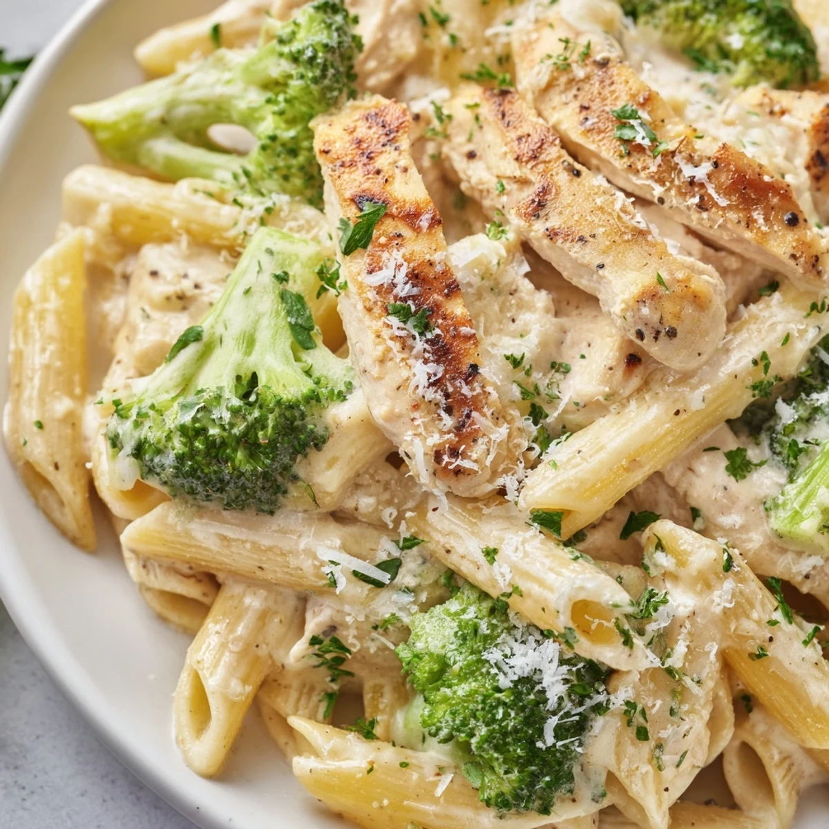 Creamy Broccoli Pasta with Grilled Chicken served on a white plate, garnished with fresh parsley.