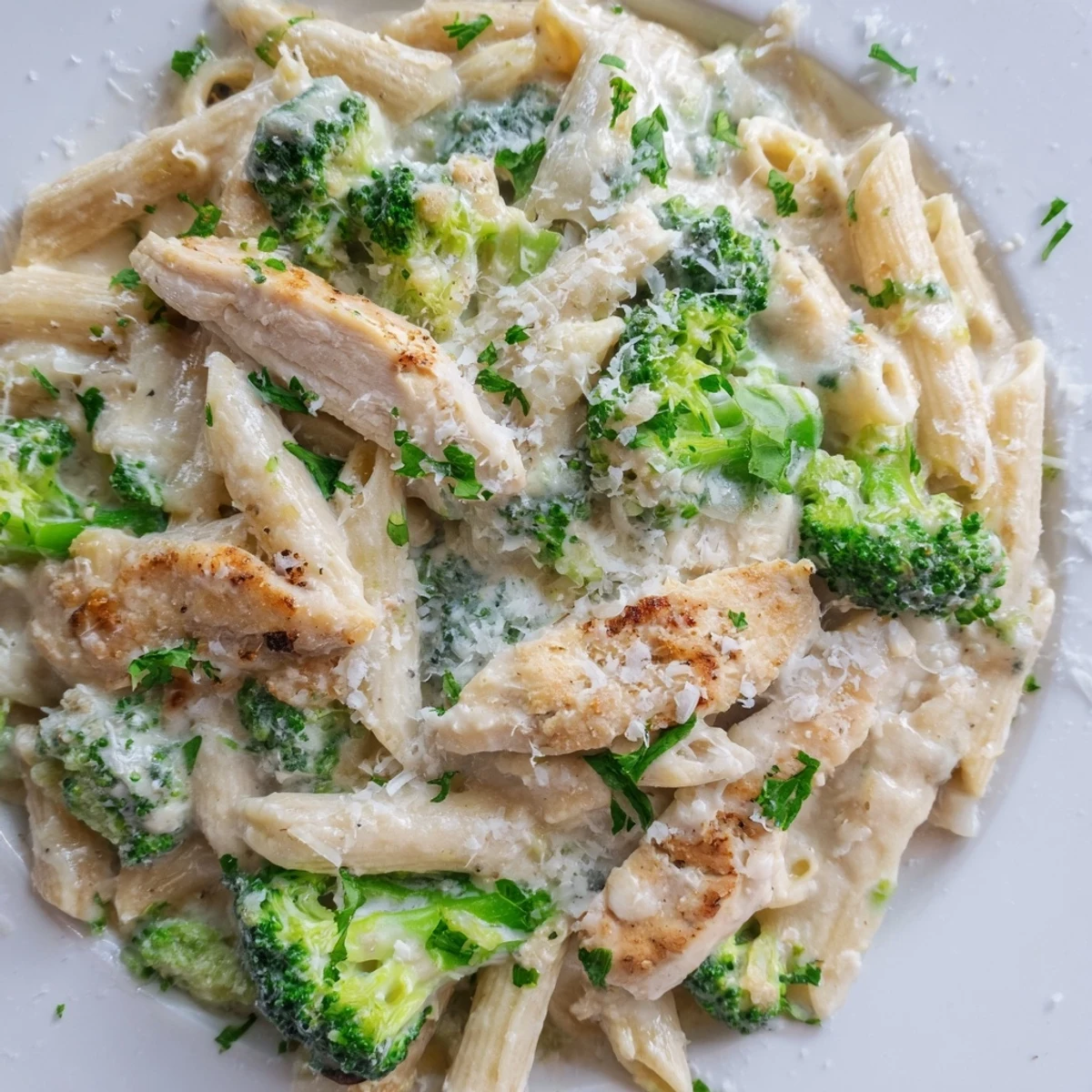Sliced grilled chicken and broccoli florets tossed in a rich, cheesy pasta sauce.