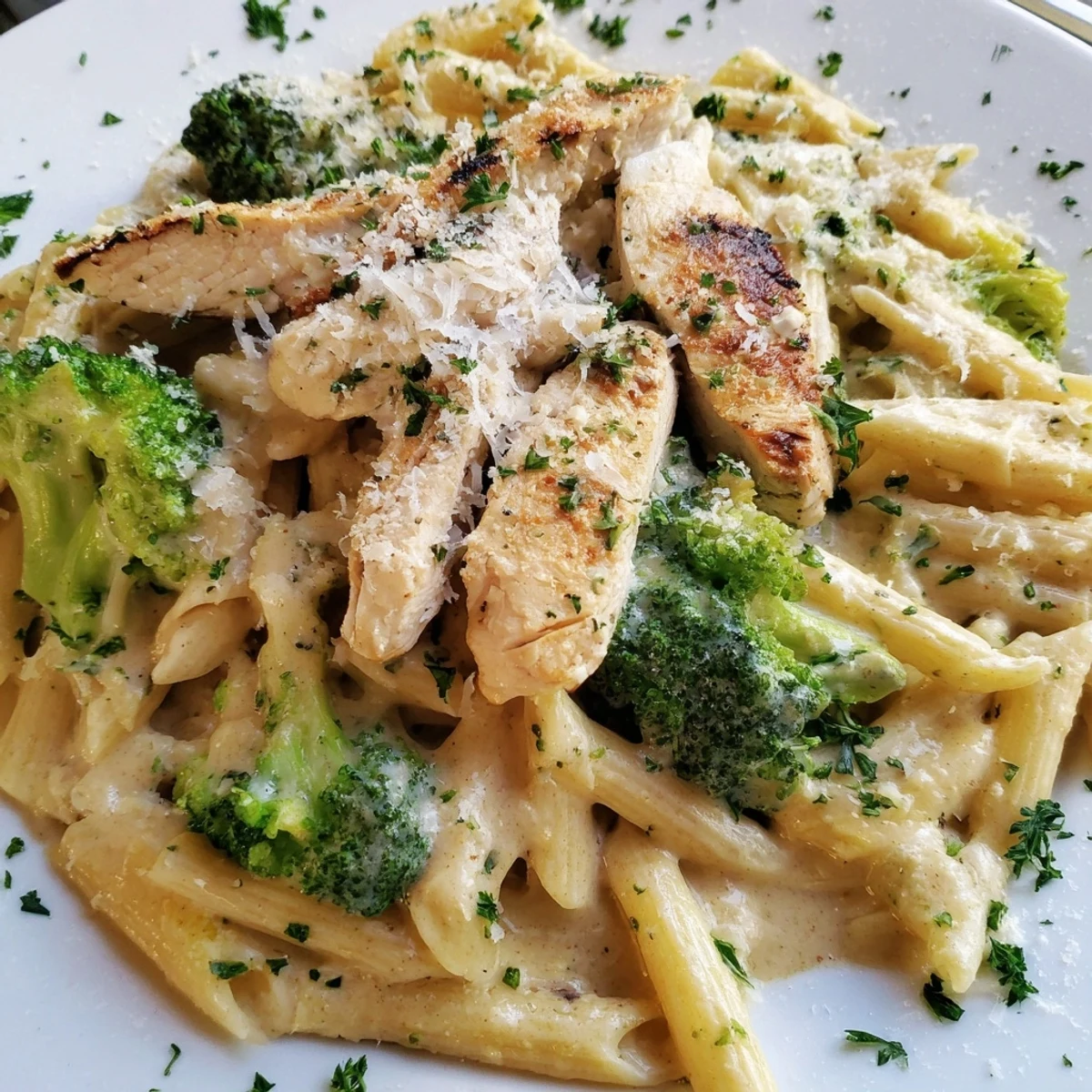 Italian-American Creamy Broccoli Pasta with Grilled Chicken ready for a weeknight dinner.