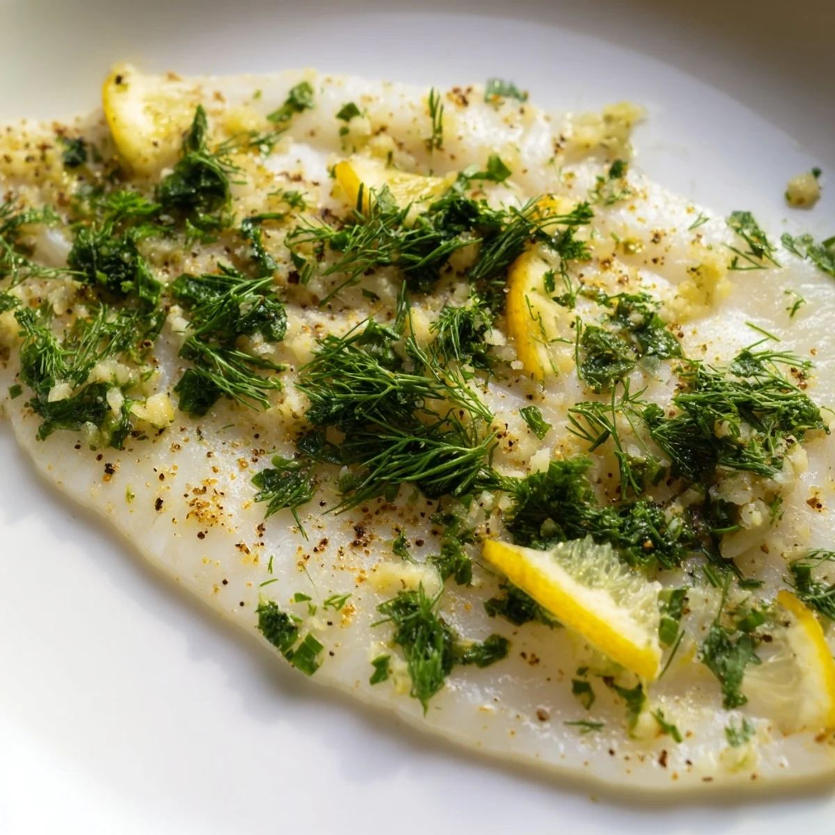 Golden-brown Baked Tilapia with Fresh Herbs and Lemon, topped with lemon slices and fresh parsley, served with green beans.
