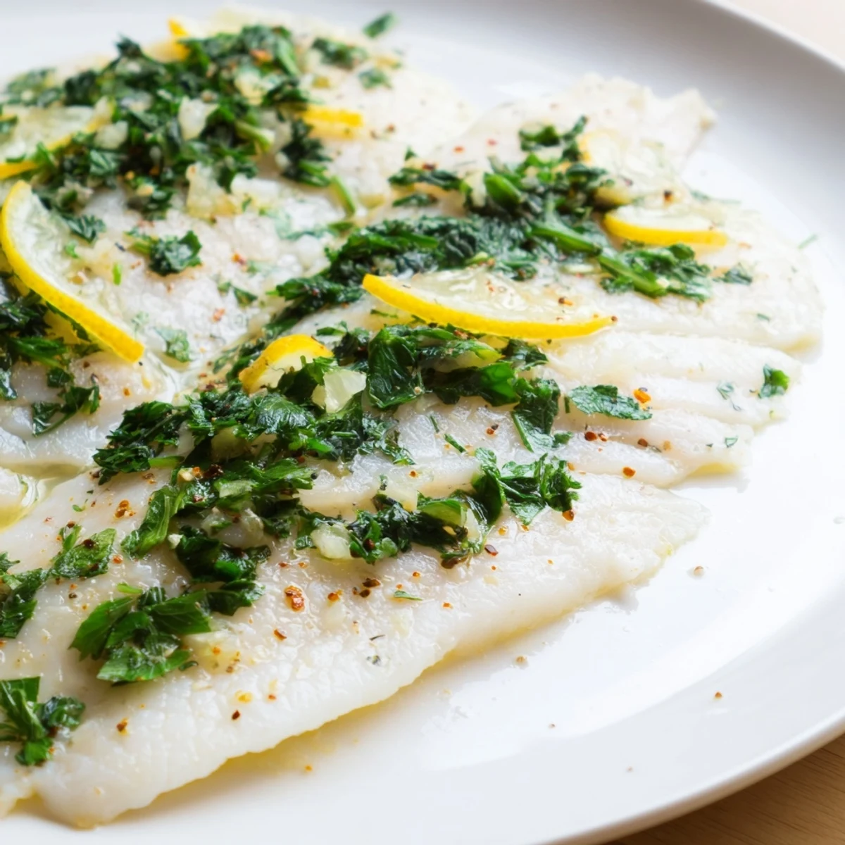 Fork-tender Baked Tilapia with Fresh Herbs and Lemon, garnished with fresh dill and chives, ready to eat from the baking dish.