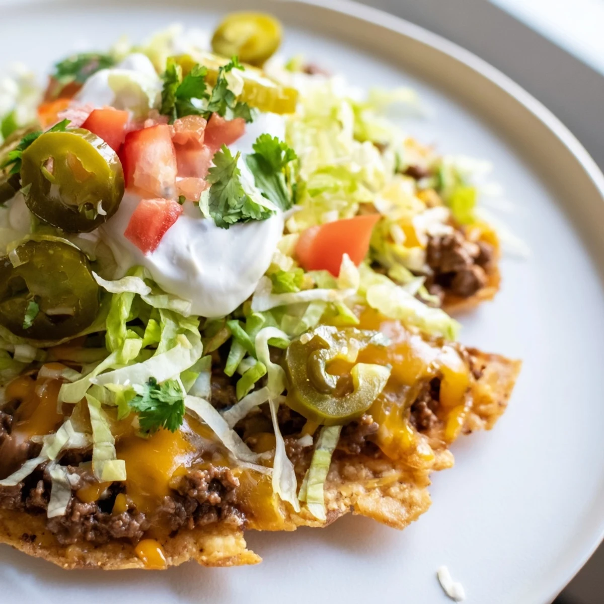Golden crispy corn tostada shells piled high with seasoned ground beef and creamy refried beans. This Beef Tostadas with Beans and Cheese recipe is garnished with shredded lettuce and fresh cilantro.