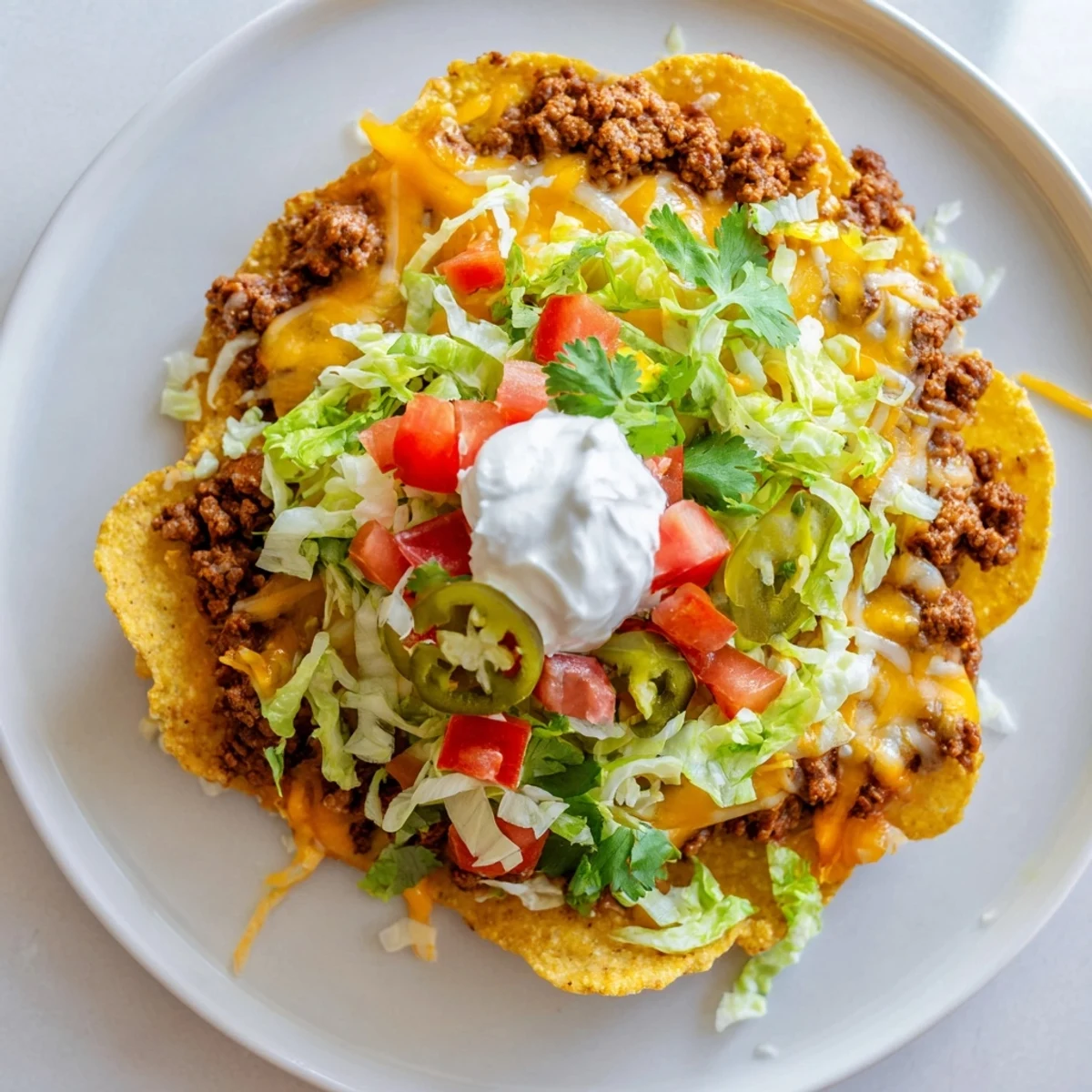 Beef Tostadas with Beans and Cheese are served hot with melted cheese, diced tomatoes, and a dollop of sour cream. A lime wedge sits ready for squeezing over the beef and beans.