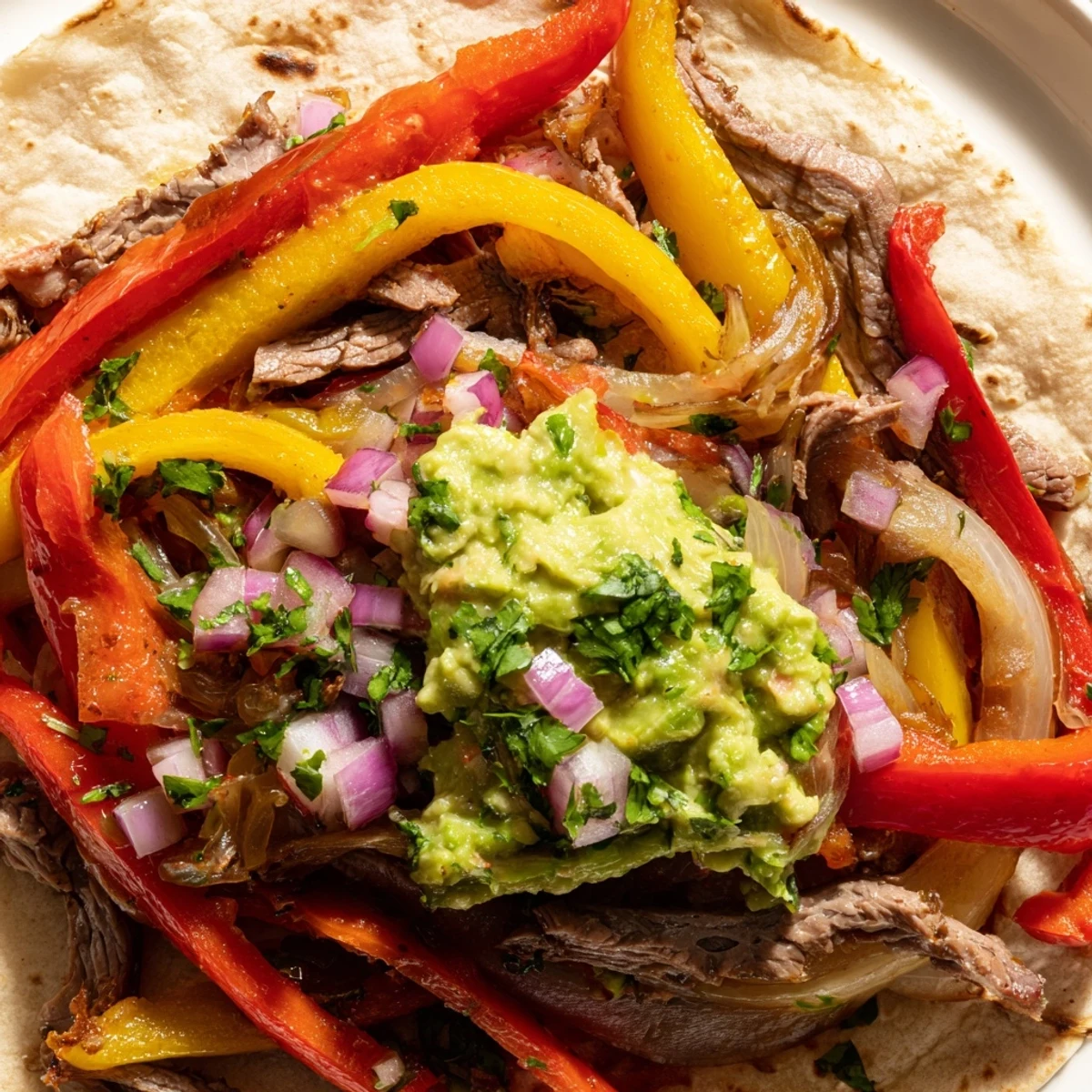 Sizzling strips of marinated flank steak, sautéed peppers, and onions for Beef Fajitas with Guacamole, served warm with creamy avocado dip.