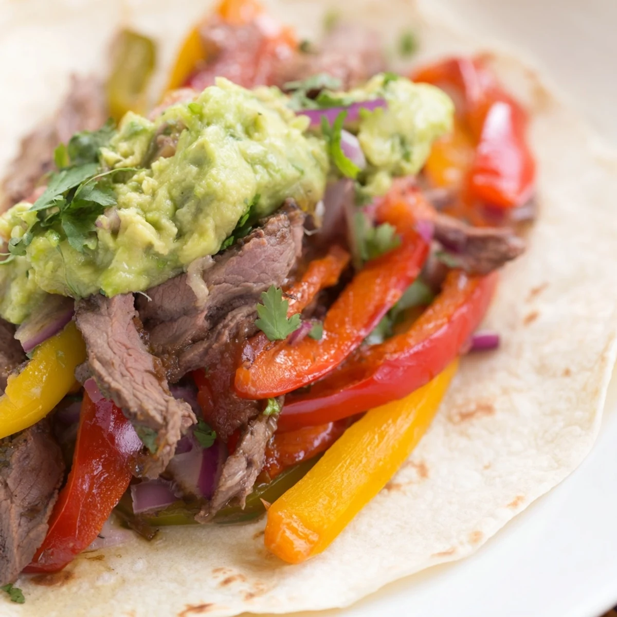 Close-up of juicy seared beef fajitas with vibrant peppers, onions, and a side of chunky guacamole for a festive Tex-Mex dinner.