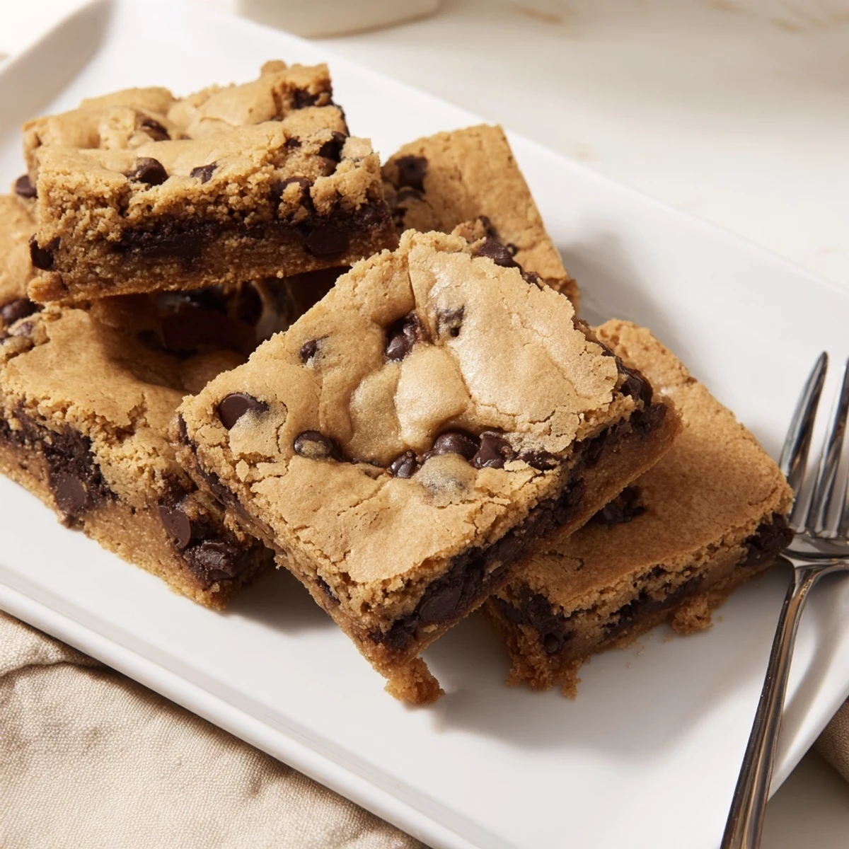 Stack of thick, chewy Chocolate Chip Cookie Bars showing a soft, gooey interior on a rustic wooden board.