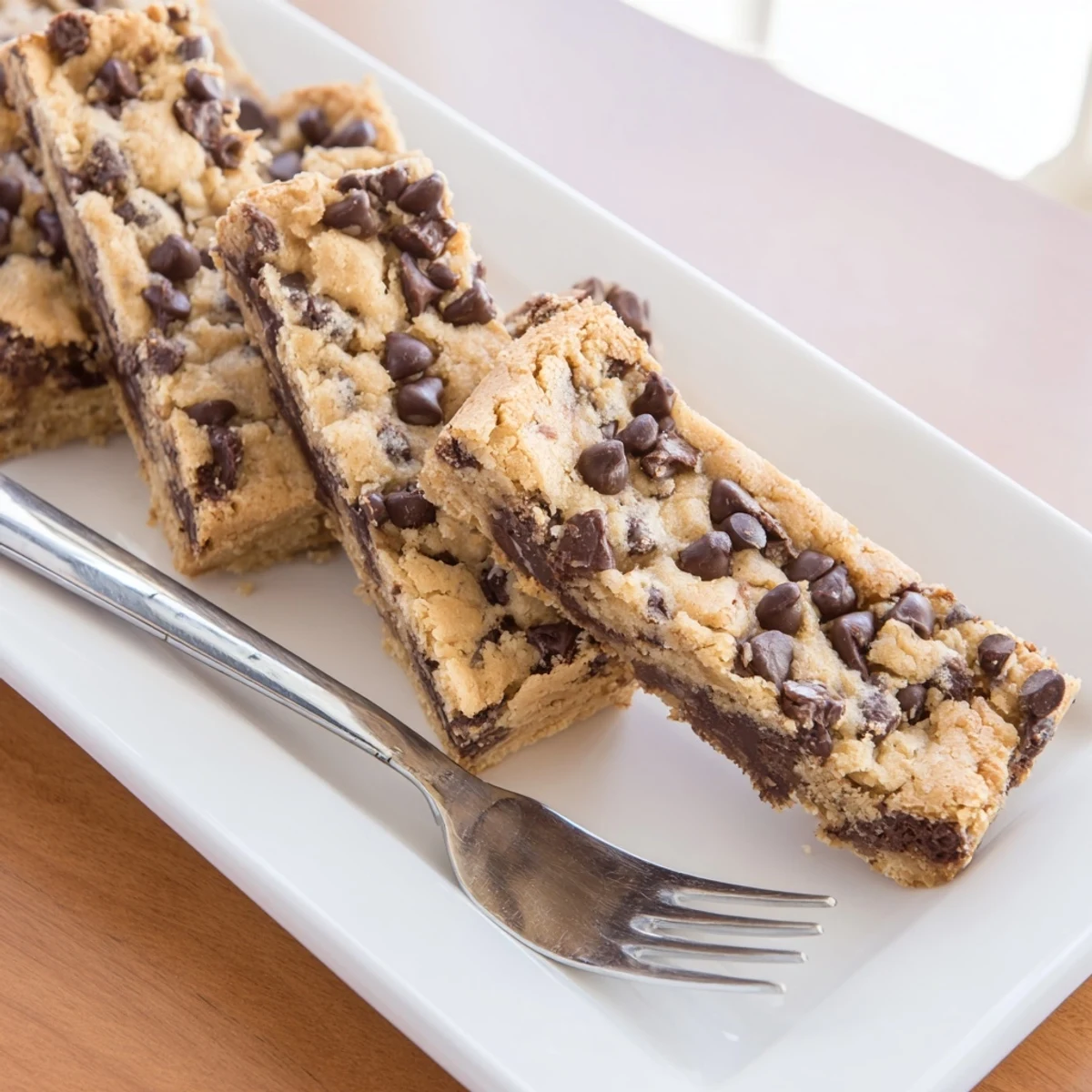 Close-up of golden-brown Chocolate Chip Cookie Bars studded with melty chocolate chips and chopped walnuts.
