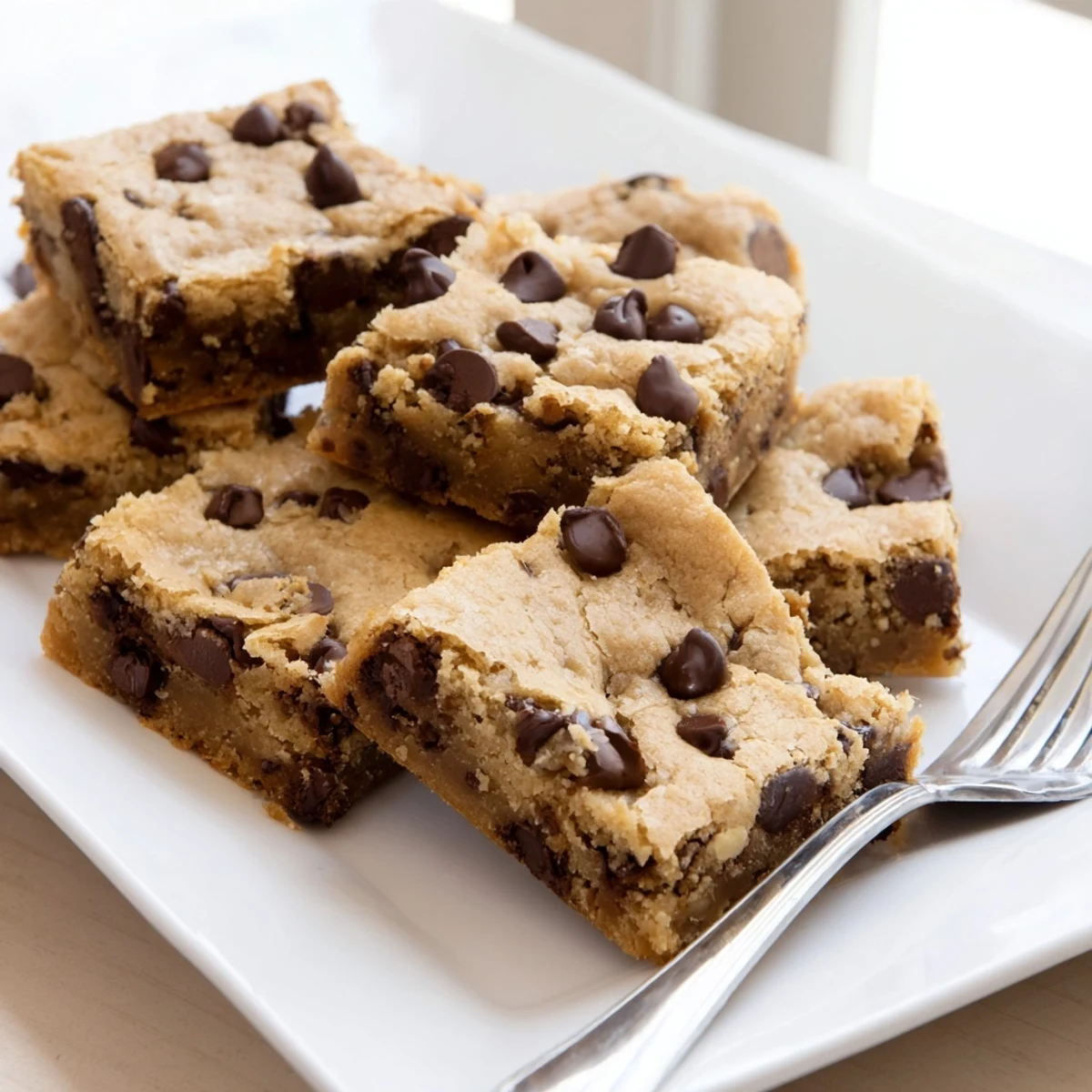 Freshly baked Chocolate Chip Cookie Bars served warm with a scoop of vanilla ice cream melting on top.