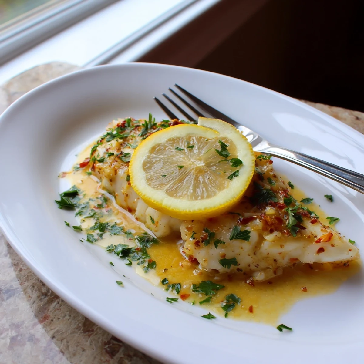Golden-baked cod fillets with a glossy lemon butter sauce, garnished with fresh parsley and bright lemon slices on a rustic plate.