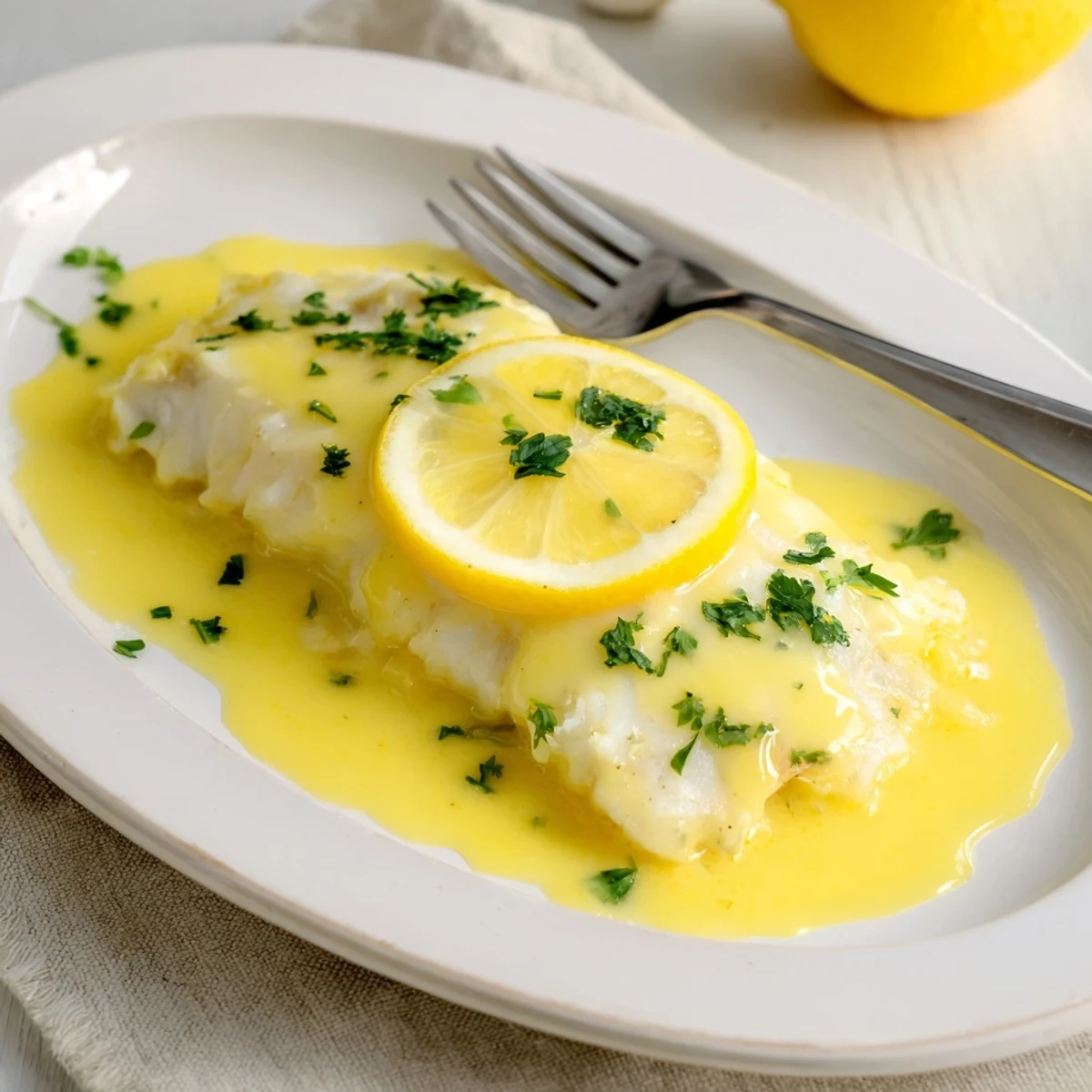 A close-up of baked cod with lemon butter, highlighting the juicy, fork-flaky texture and fresh parsley garnish for an easy weeknight meal.
