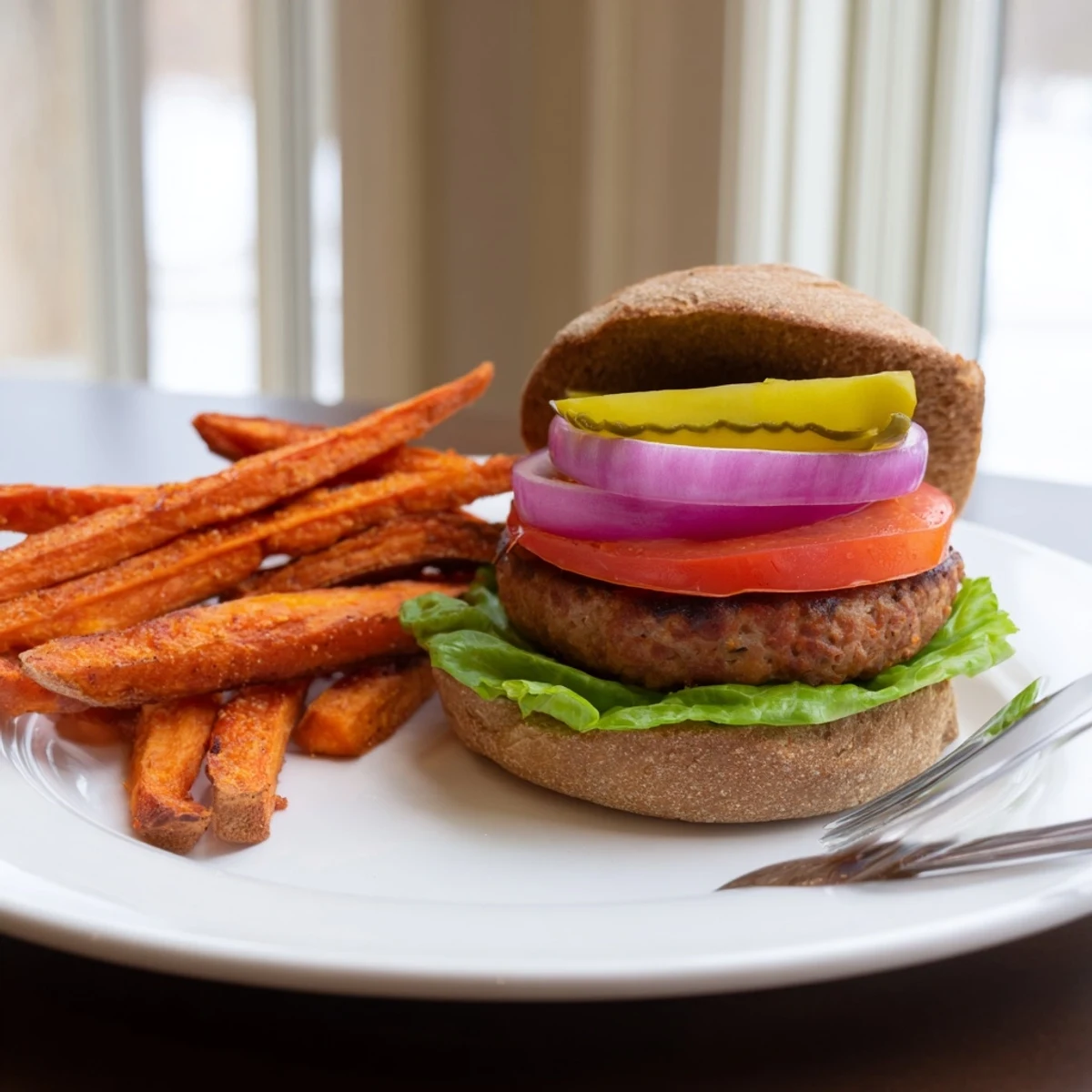 A delicious homemade turkey burger with seasoned sweet potato fries, ready to be enjoyed with ketchup and mayonnaise.