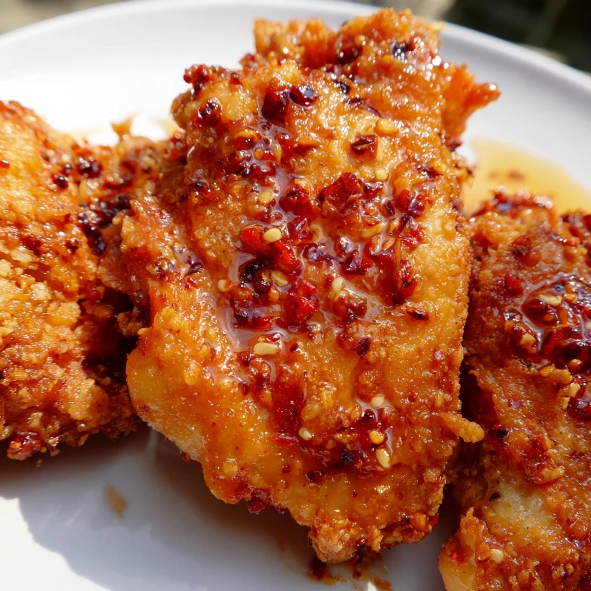 Crispy golden Southern Fried Chicken pieces glistening with sweet and spicy hot honey, served alongside flaky biscuits and creamy coleslaw.