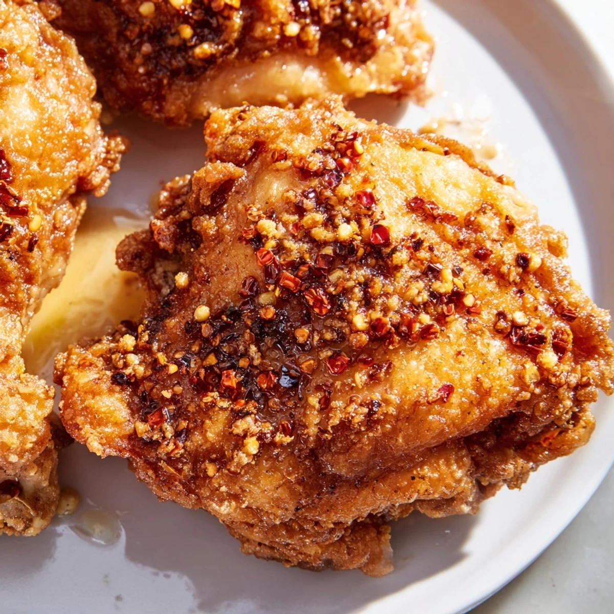 Close-up of a Southern Fried Chicken drumstick being drizzled with warm sticky hot honey, highlighting the peppery spice in the breading.