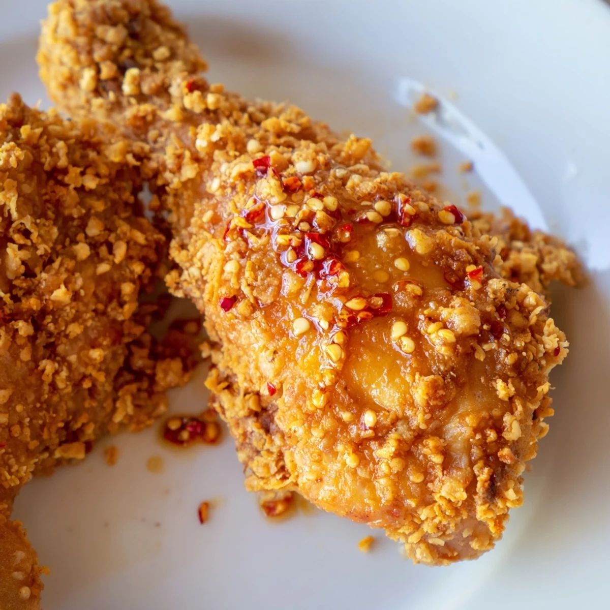 Freshly fried chicken drumsticks and thighs sit on a wire rack, steam rising from the golden brown crust and juicy meat.