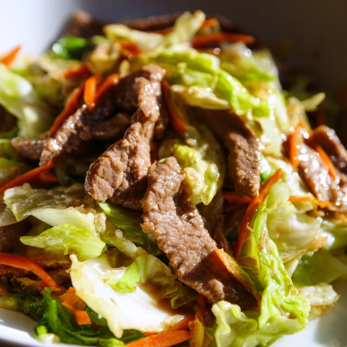 Tender beef strips and crisp green cabbage tossed in a savory Asian-inspired sauce, ready to serve over steamed rice.