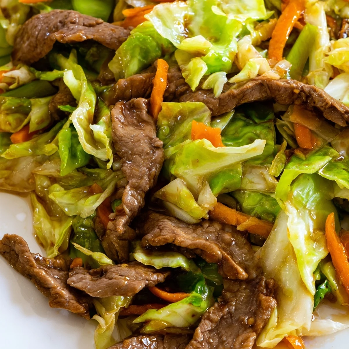 A vibrant stir fry featuring juicy beef, shredded cabbage, and carrots in a glossy, aromatic brown sauce.