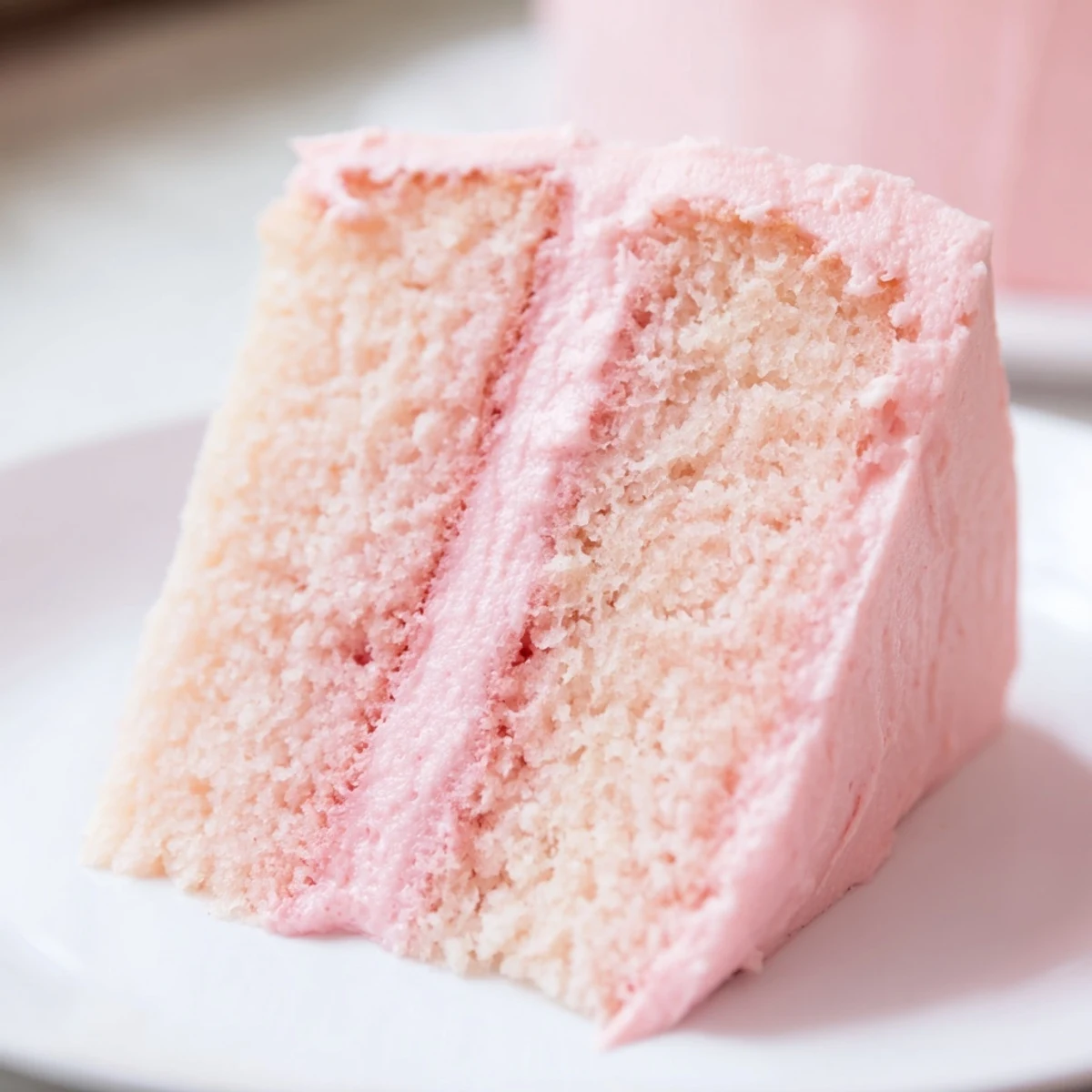 A slice of Pink Lemonade Layer Cake reveals fluffy pink crumb layers and smooth, tangy buttercream frosting.