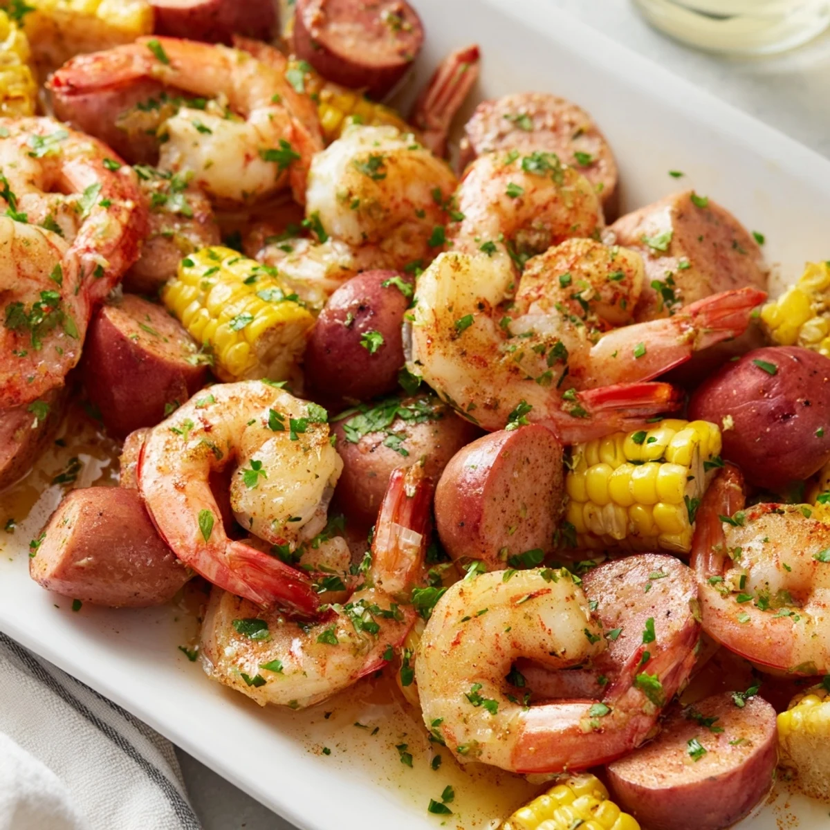 Mardi Gras Shrimp Boil with Andouille sausage, corn, and potatoes, garnished with lemon wedges and fresh parsley on a large platter.