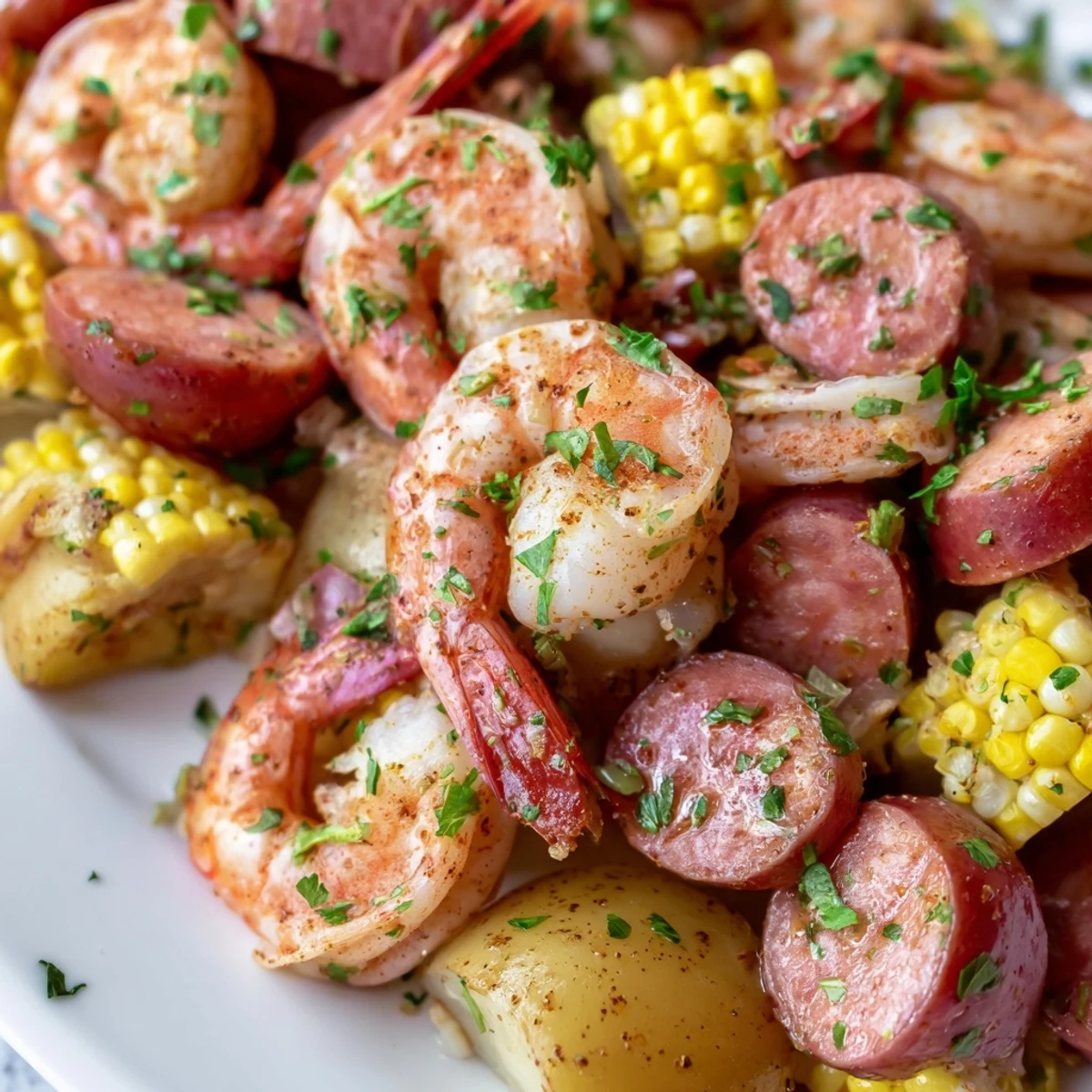 Vibrant Mardi Gras Shrimp Boil served on newspaper with buttery shrimp, sausage, and corn, perfect for a festive gathering.