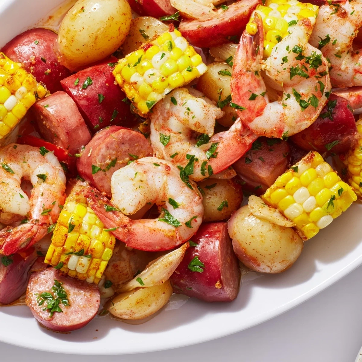 A close-up of the Mardi Gras Shrimp Boil, featuring seasoned shrimp, corn on the cob, and red potatoes ready to serve.