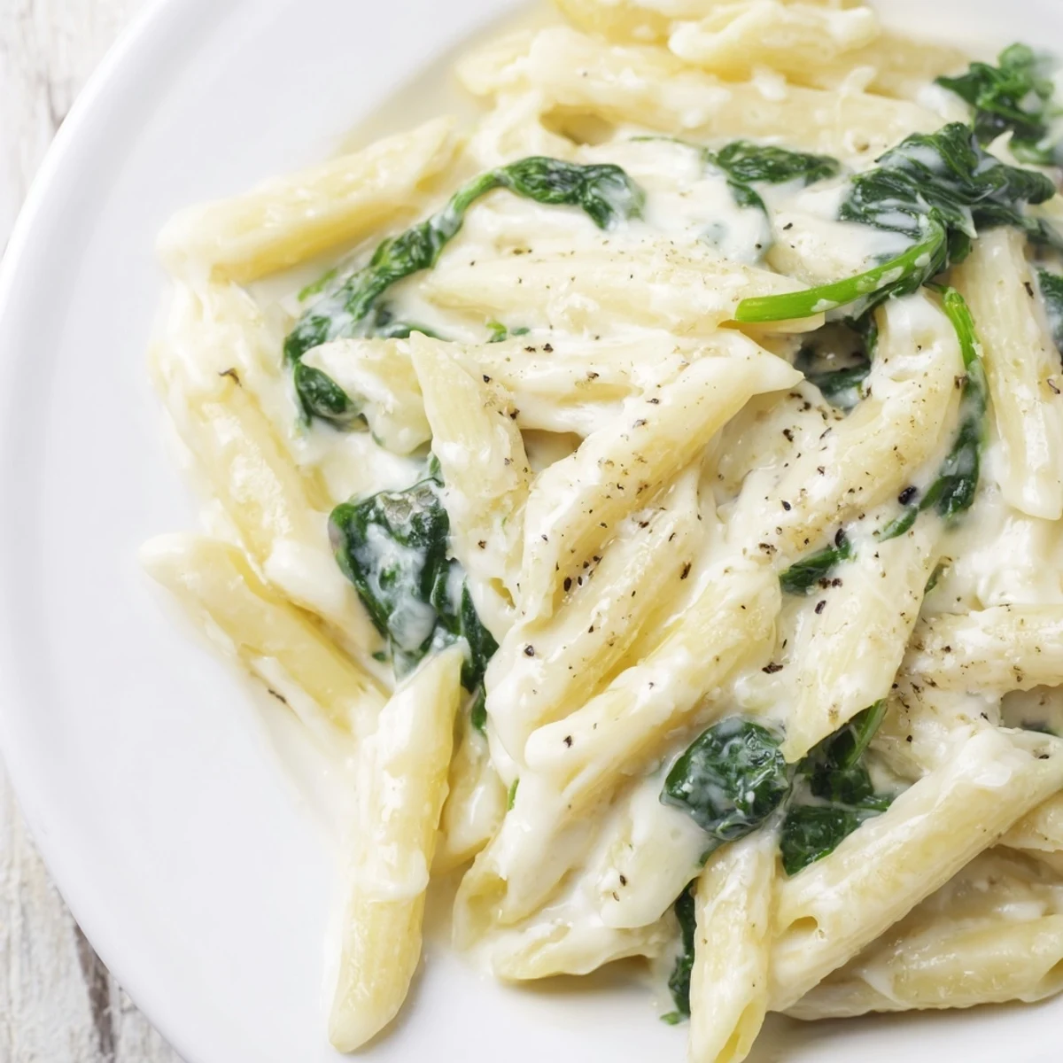 Creamy Spinach Pasta with penne tossed in a velvety garlic cream sauce, garnished with Parmesan and black pepper.