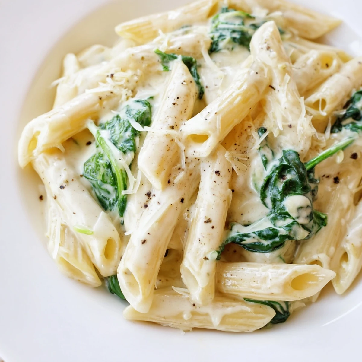 A warm skillet of Creamy Spinach Pasta featuring wilted spinach leaves, rich cream sauce, and freshly grated Parmesan.