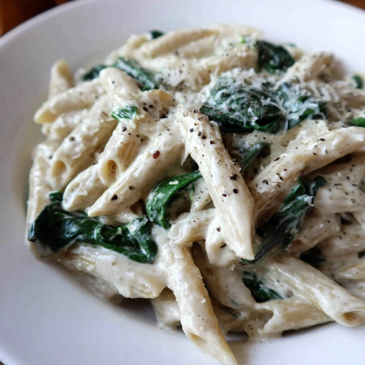 Freshly cooked Creamy Spinach Pasta served in a white bowl with a glass of crisp Pinot Grigio on the side.