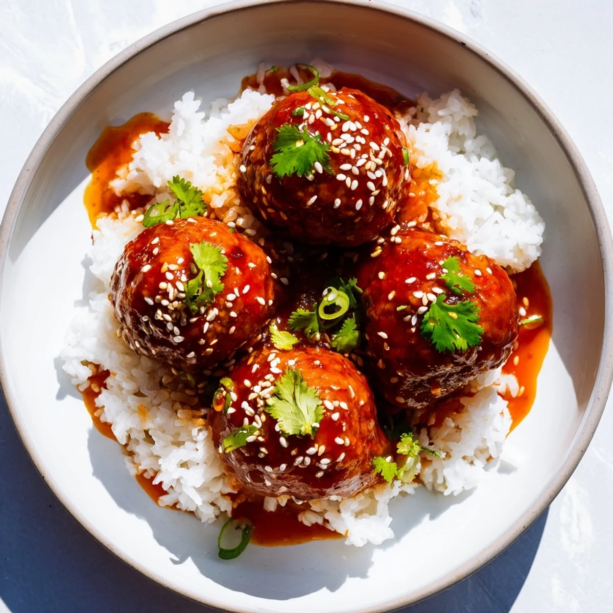 Golden-brown Spicy Sriracha Beef Meatballs glistening with glossy glaze, nestled on a bed of fluffy white rice and topped with fresh cilantro and sliced green onions.  