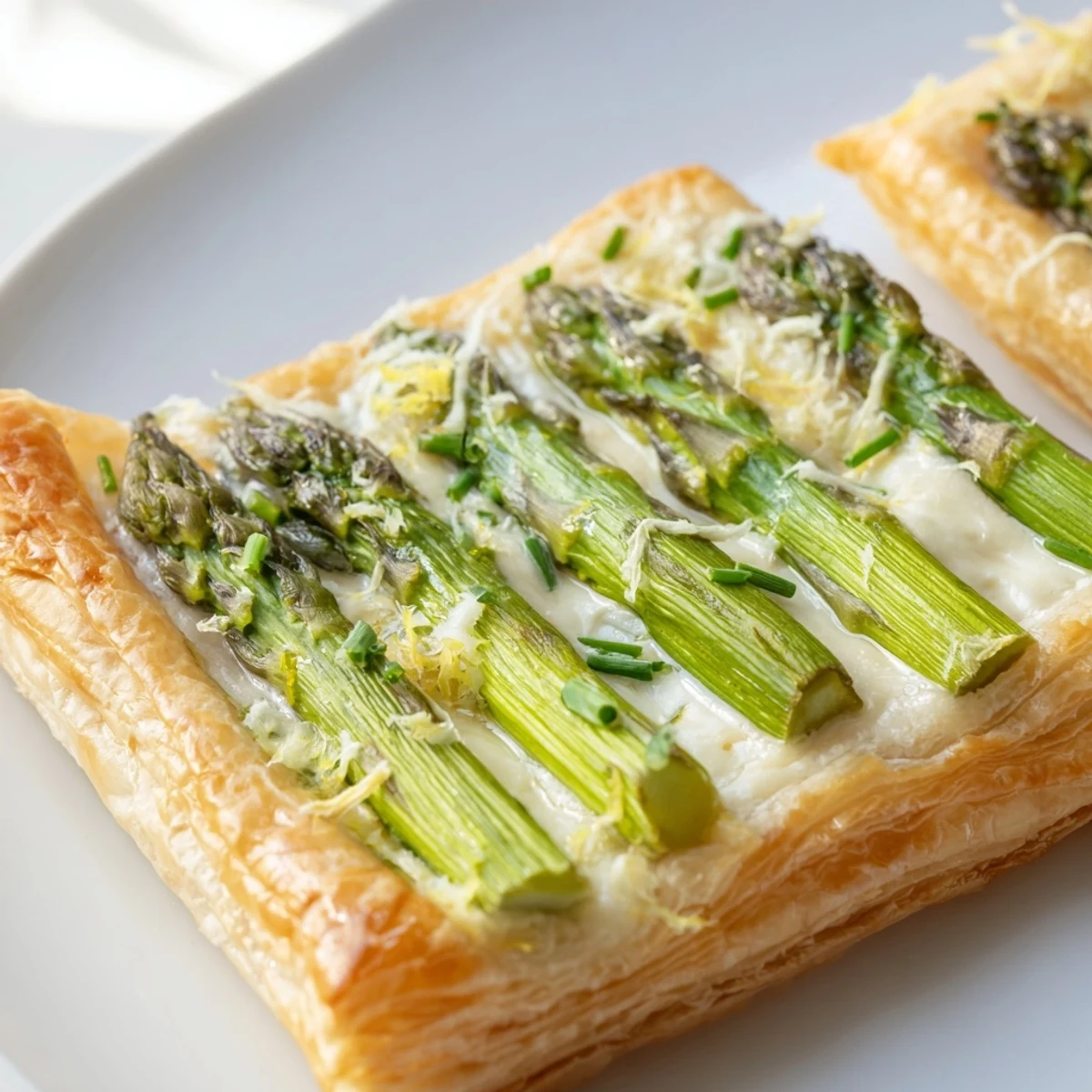 A crisp, golden puff pastry tart topped with tender green asparagus, creamy Gruyère, and fresh chives.  
