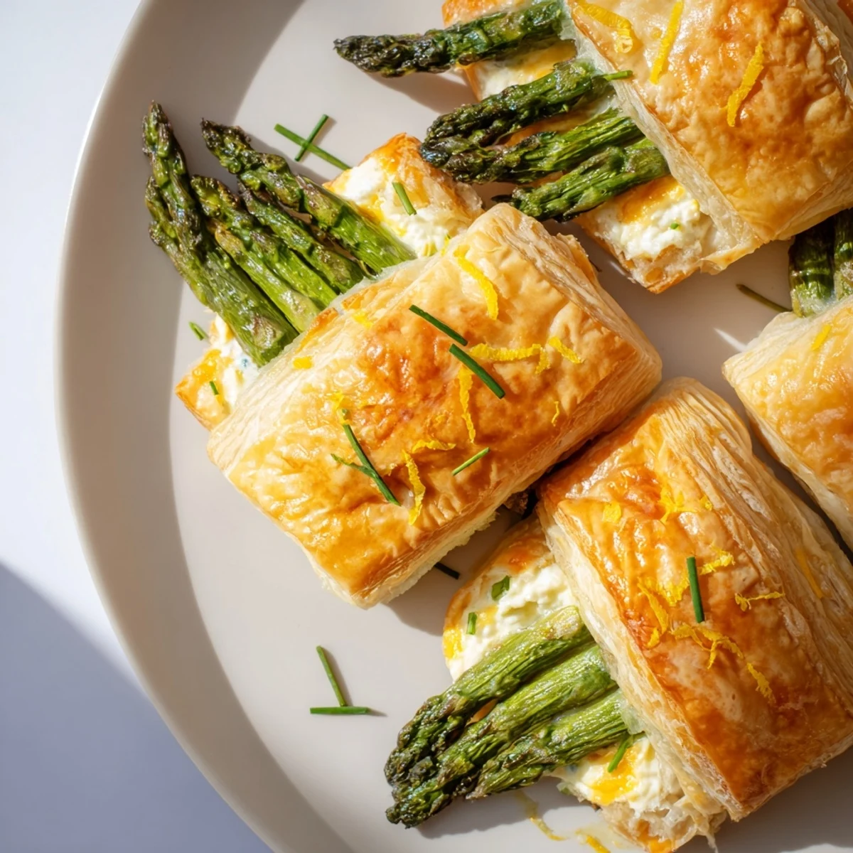 Sliced Green Asparagus Tart with asparagus spears on a rustic wooden board, served warm as an appetizer.