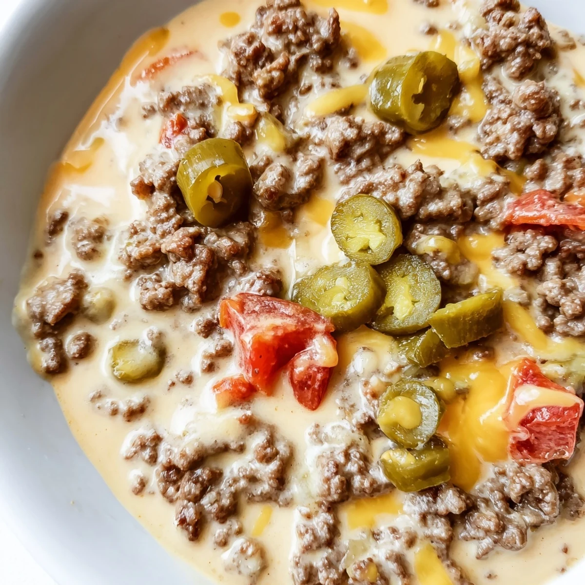 A steaming bowl of Super Bowl Spicy Beef Queso Dip, topped with fresh cilantro and extra jalapeño slices for a zesty kick.