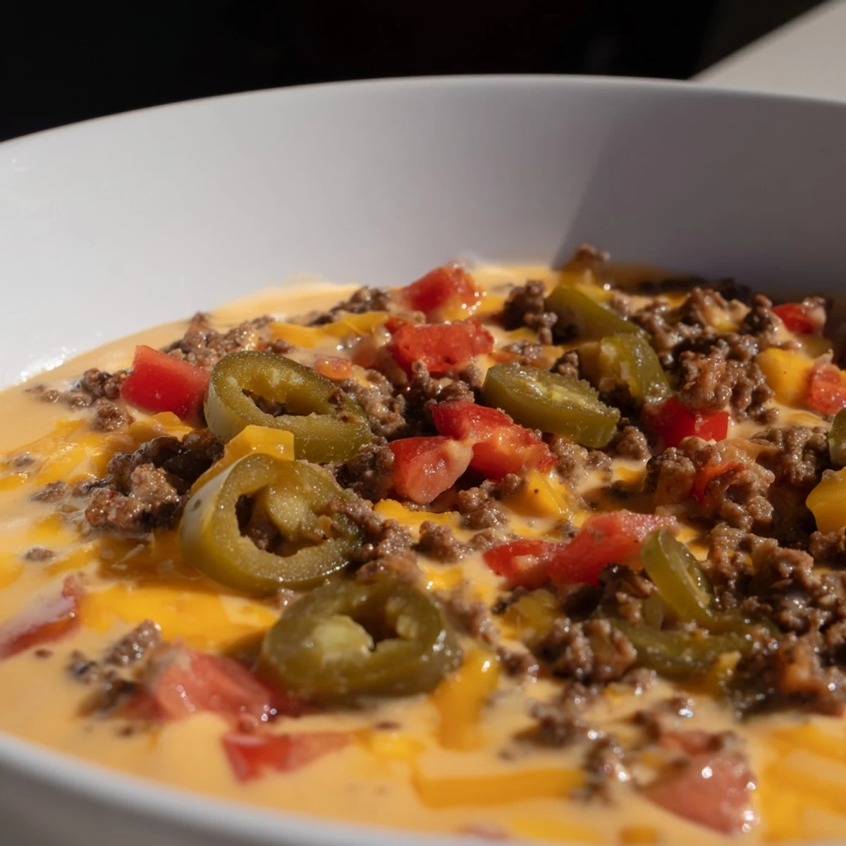 This creamy, melty Super Bowl Spicy Beef Queso Dip features seasoned ground beef and shredded cheeses, served warm with tortilla chips.