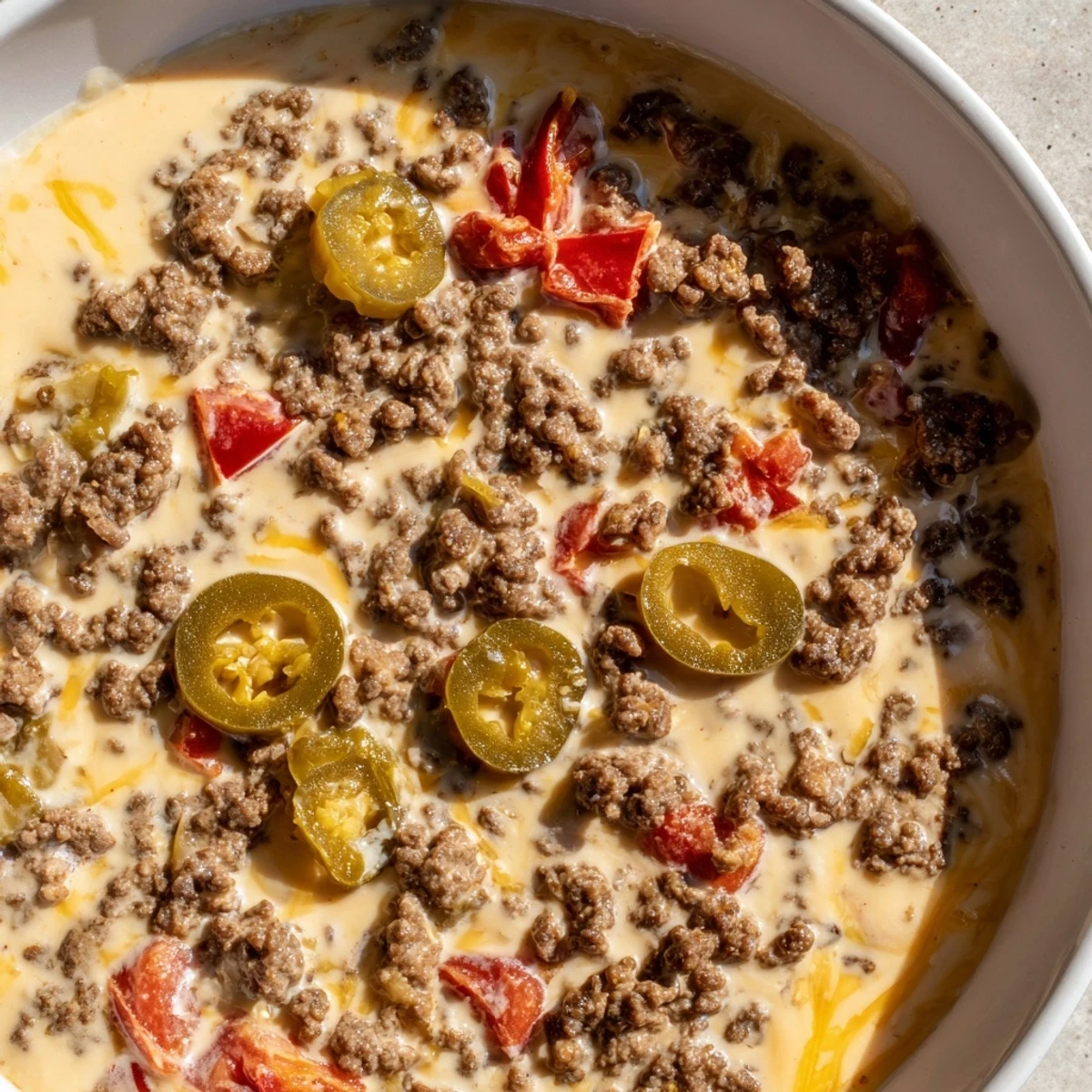 A hearty, crowd-pleasing Super Bowl Spicy Beef Queso Dip with spicy jalapeños and savory beef, perfect for your game day spread.