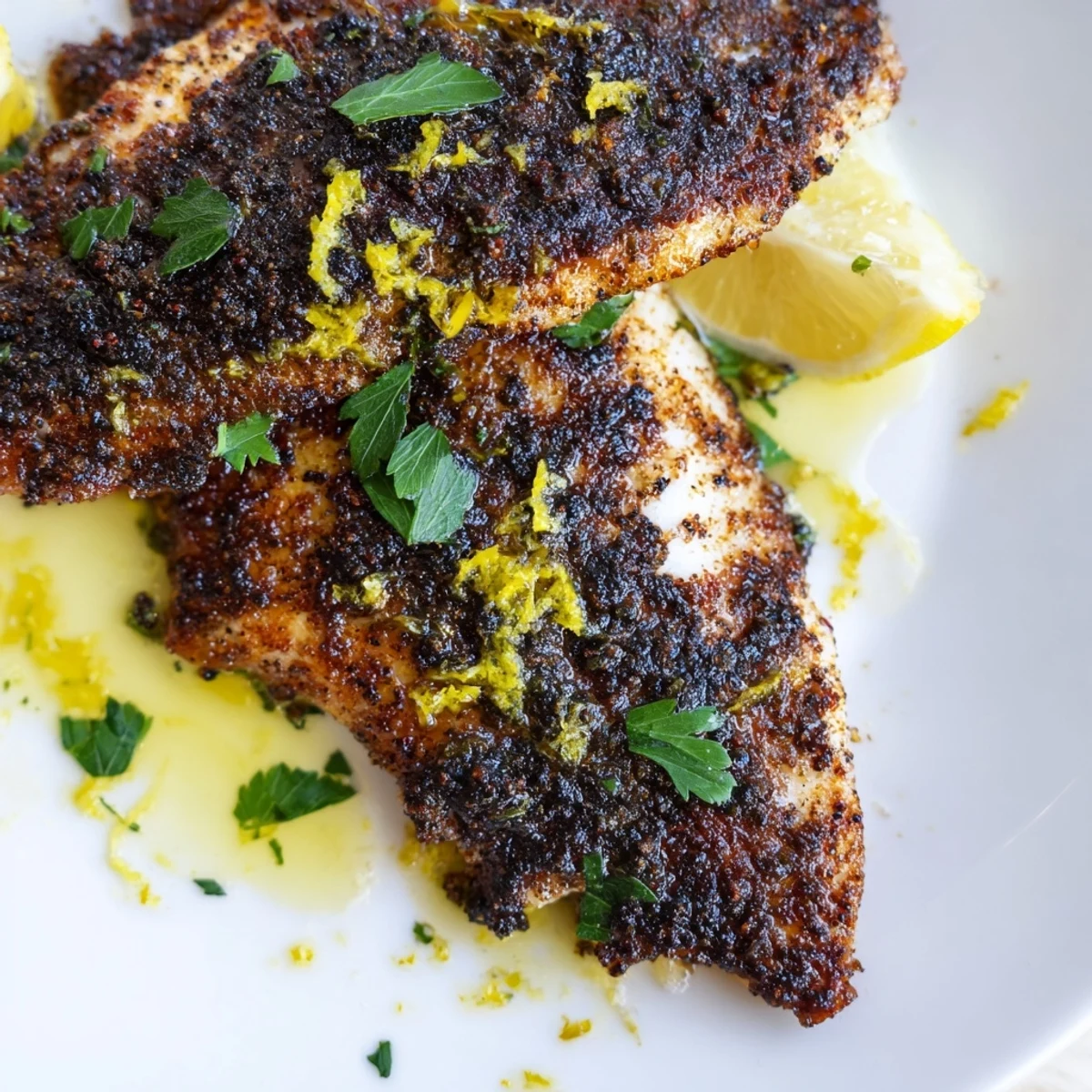 Cajun Blackened Catfish with Lemon Butter served with fluffy white rice and lemon wedges, the dark crust glistening under bright kitchen lights.  