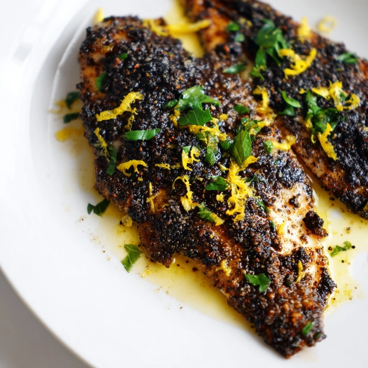 A close-up of Cajun Blackened Catfish with Lemon Butter on a rustic plate, garnished with fresh parsley and drizzled with tangy butter sauce.  