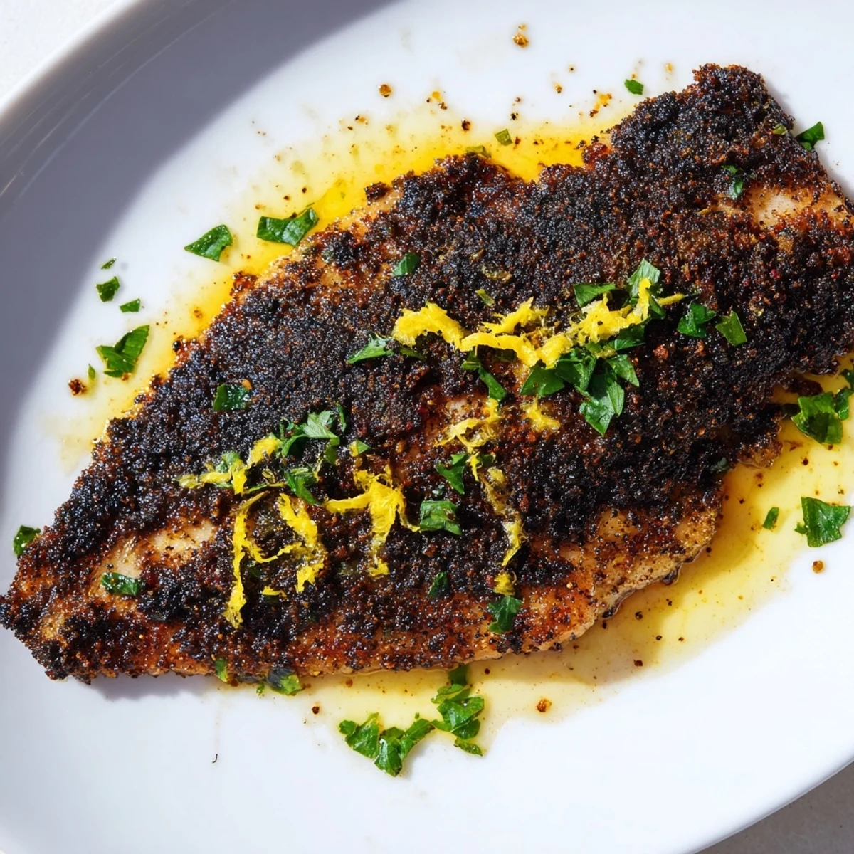 Perfectly seared Cajun Blackened Catfish with Lemon Butter on a dinner plate, surrounded by sautéed greens for a Southern-inspired meal.