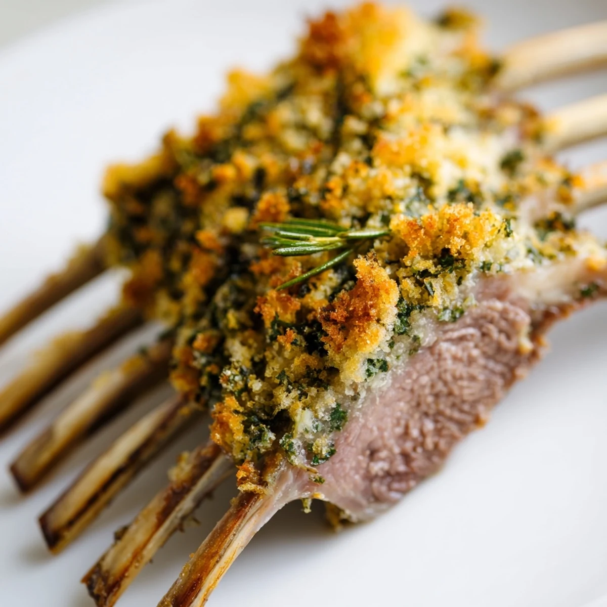 Perfectly seared Romantic Rack of Lamb with Herb Crust, sliced to reveal juicy pink meat and a crispy, fragrant herb topping.