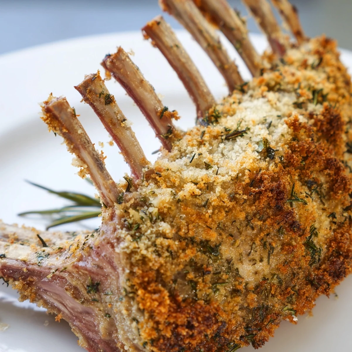 Roasted Romantic Rack of Lamb with Herb Crust resting on a white plate, surrounded by roasted vegetables and a drizzle of red wine reduction.  