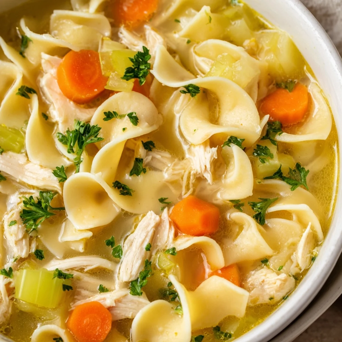 A warm bowl of Chicken Noodle Soup with Egg Noodles features tender shredded chicken, carrots, and celery in a savory broth.